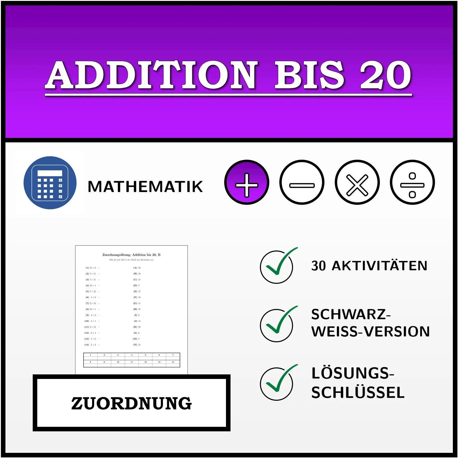 Zuordnungsübung: Addition bis 20