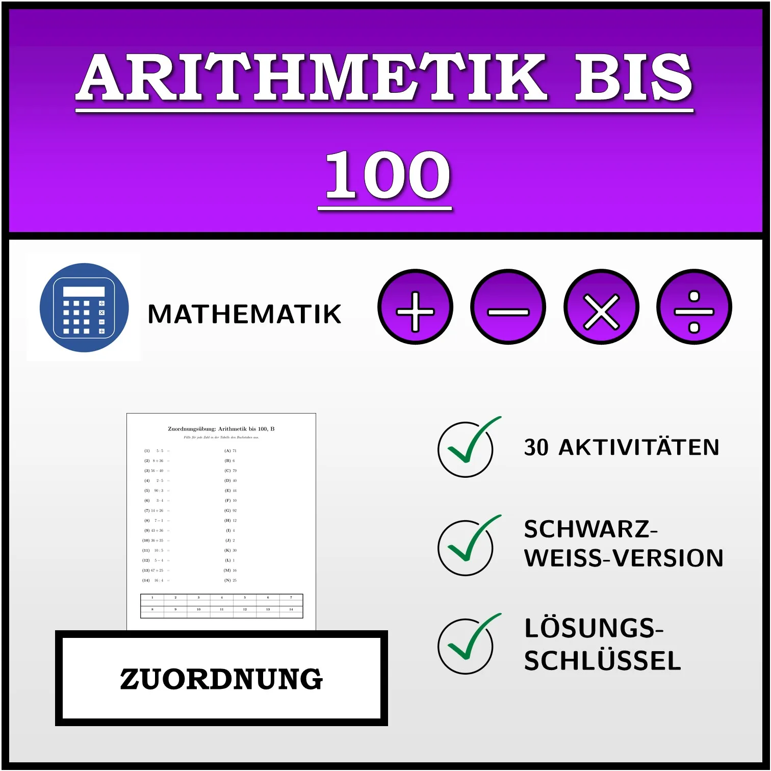 Zuordnungsübung: Arithmetik bis 100