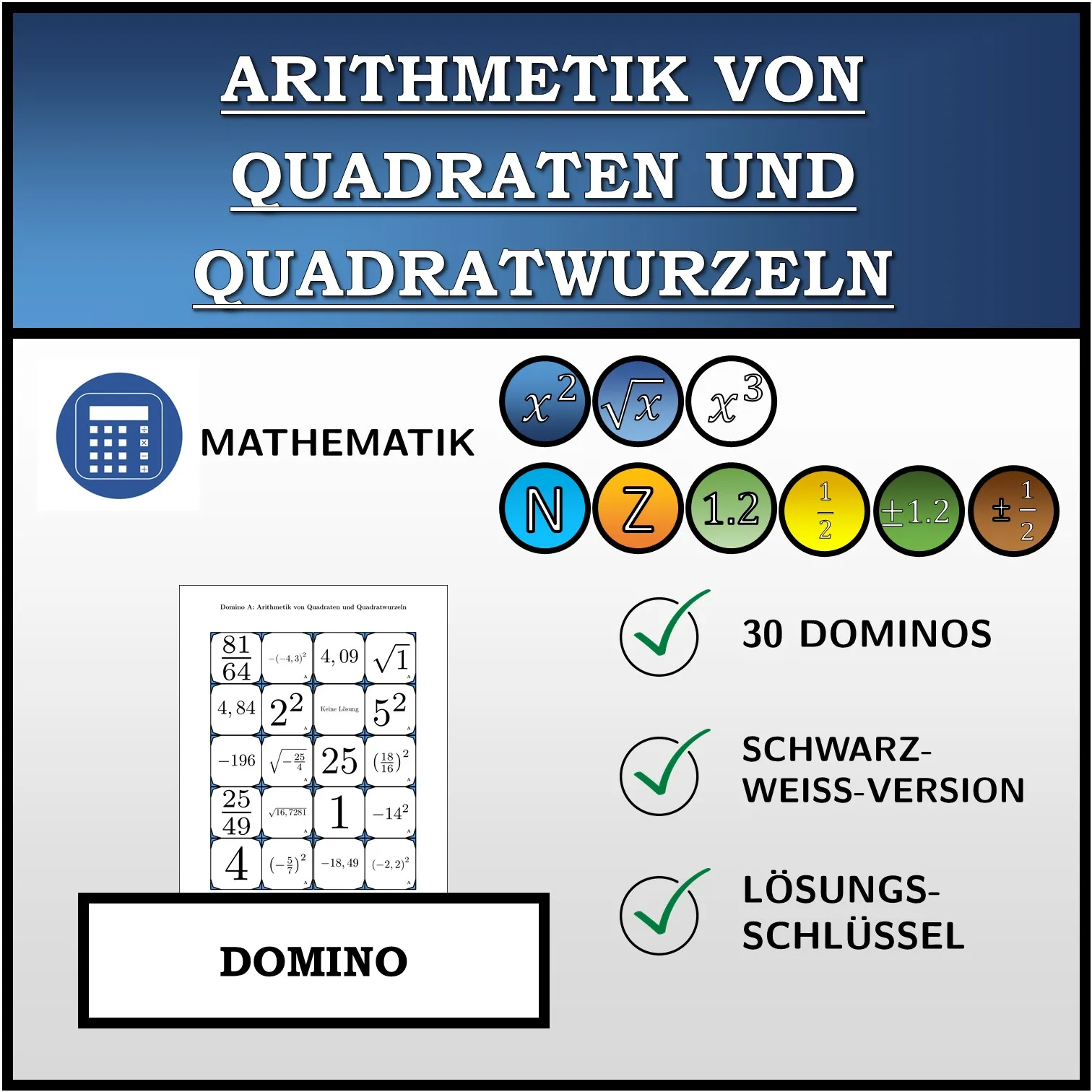 Domino: Arithmetik von Quadraten und Quadratwurzeln