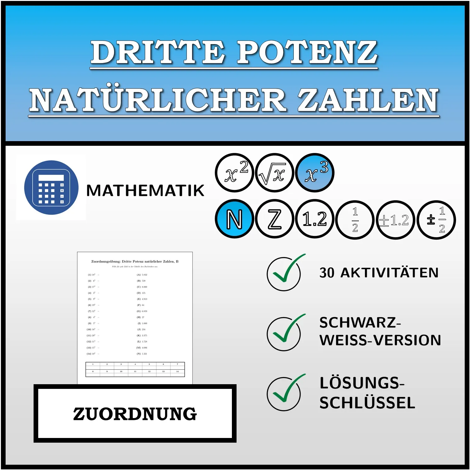 Zuordnungsübung: Dritte Potenz natürlicher Zahlen
