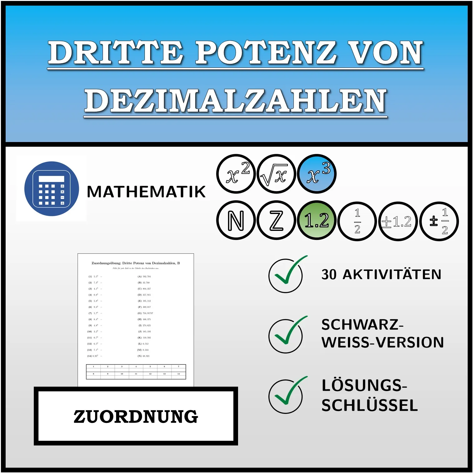 Zuordnungsübung: Dritte Potenz von Dezimalzahlen