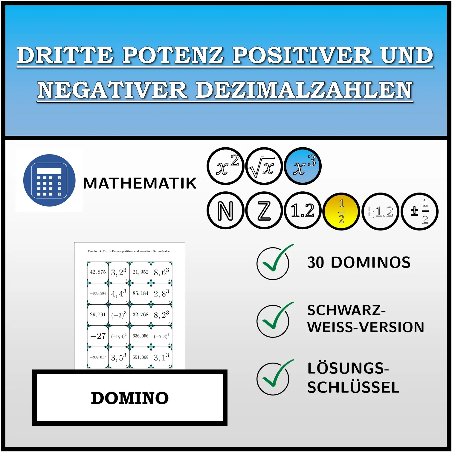Domino: Dritte Potenz positiver und negativer Dezimalzahlen