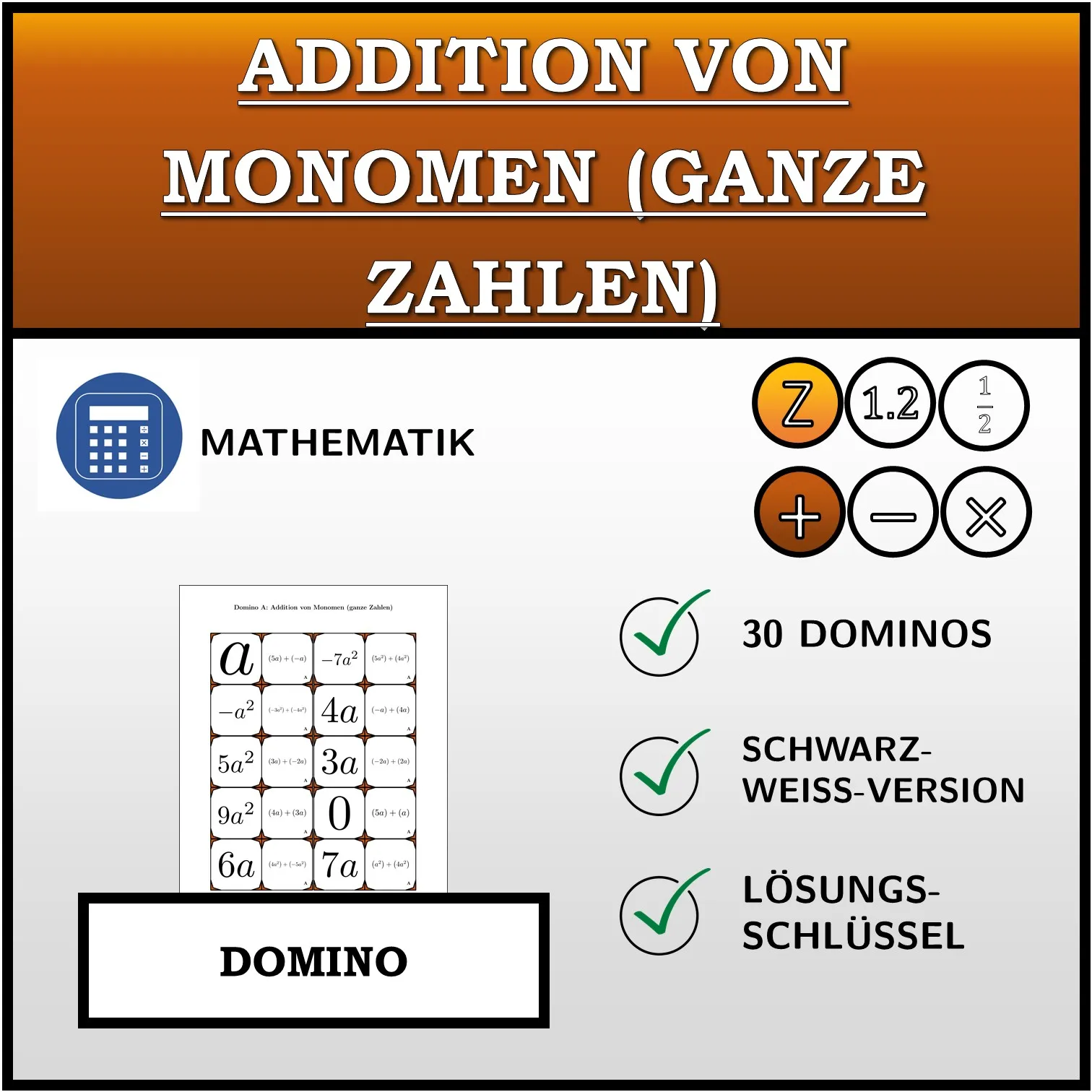 Domino: Addition von Monomen (ganze Zahlen)