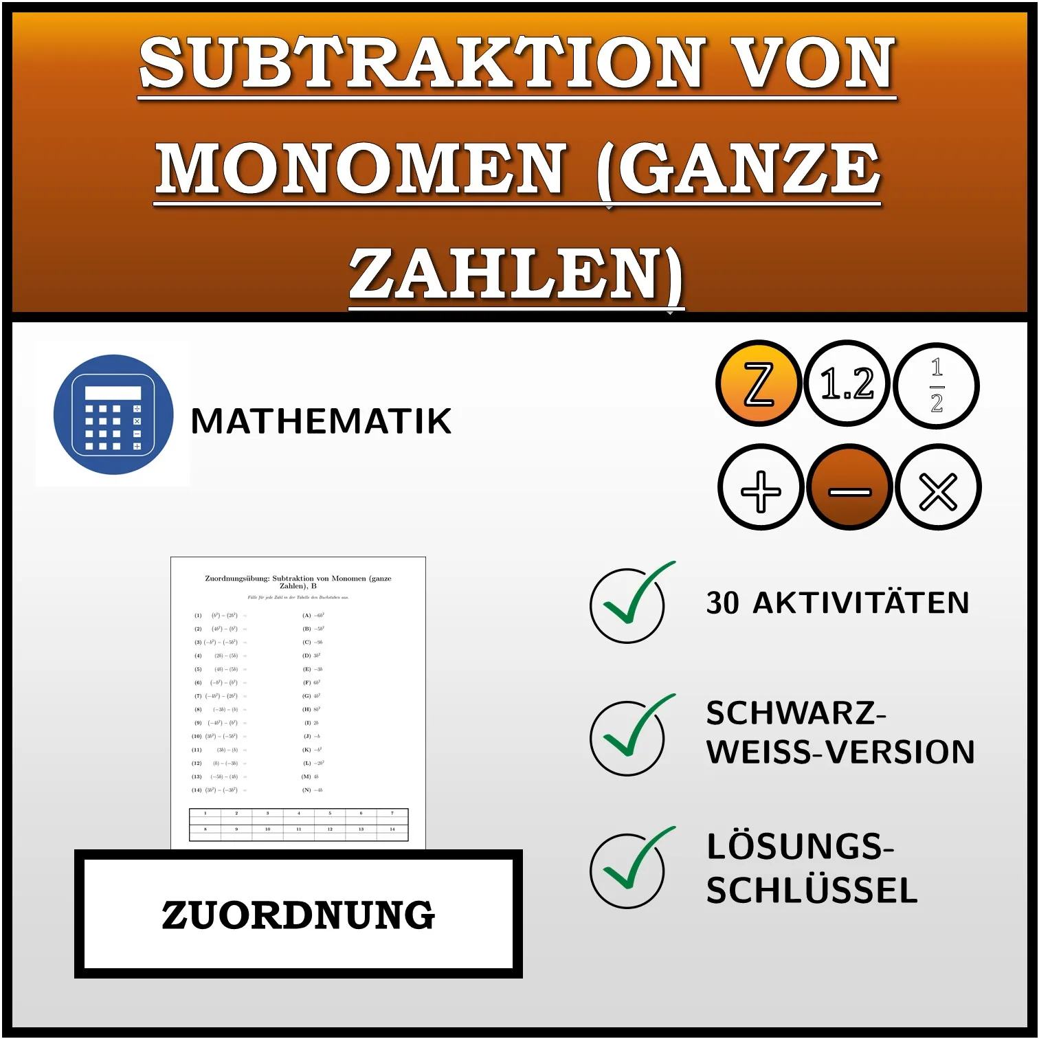 Zuordnungsübung: Subtraktion von Monomen (ganze Zahlen)