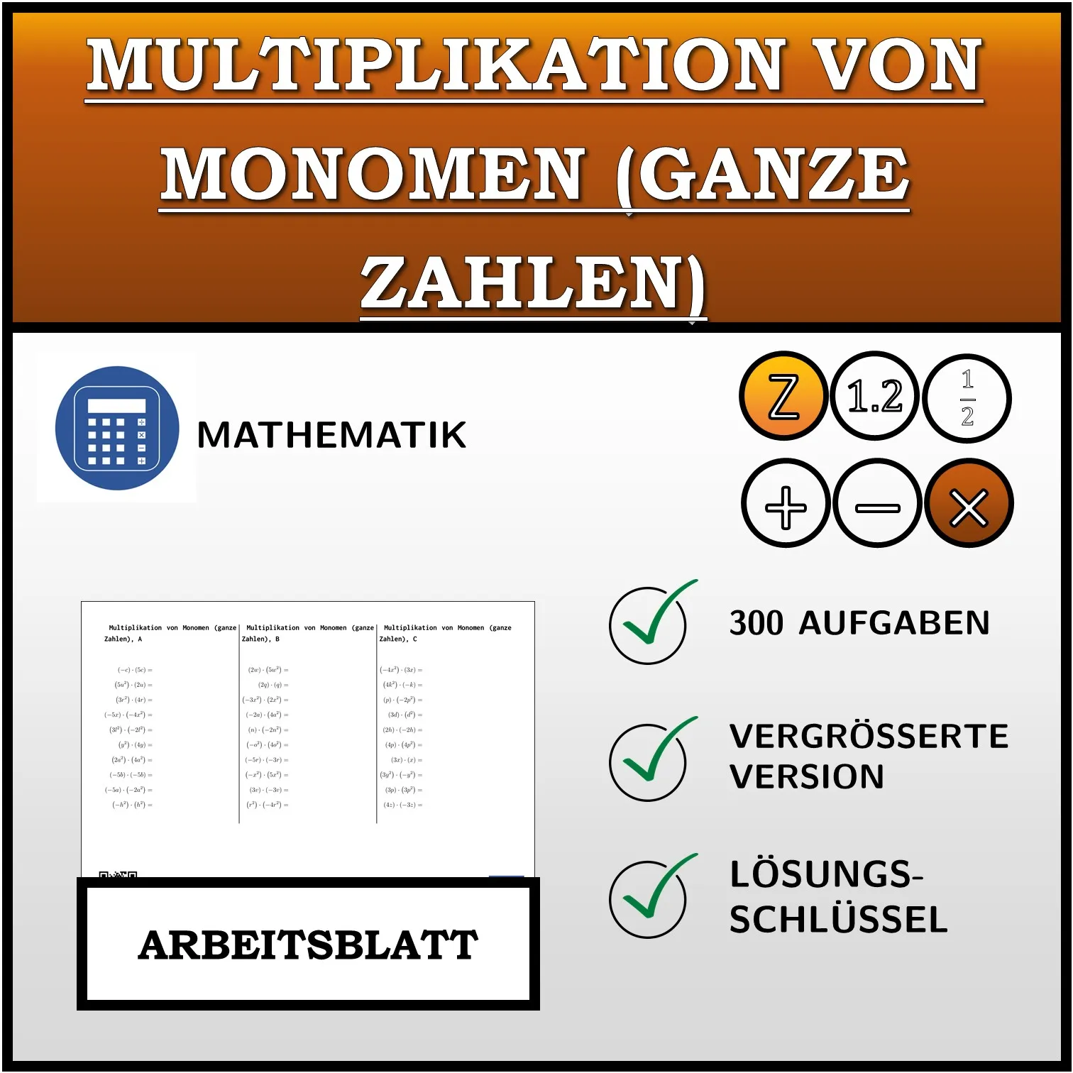Arbeitsblatt: Multiplikation von Monomen (ganze Zahlen)