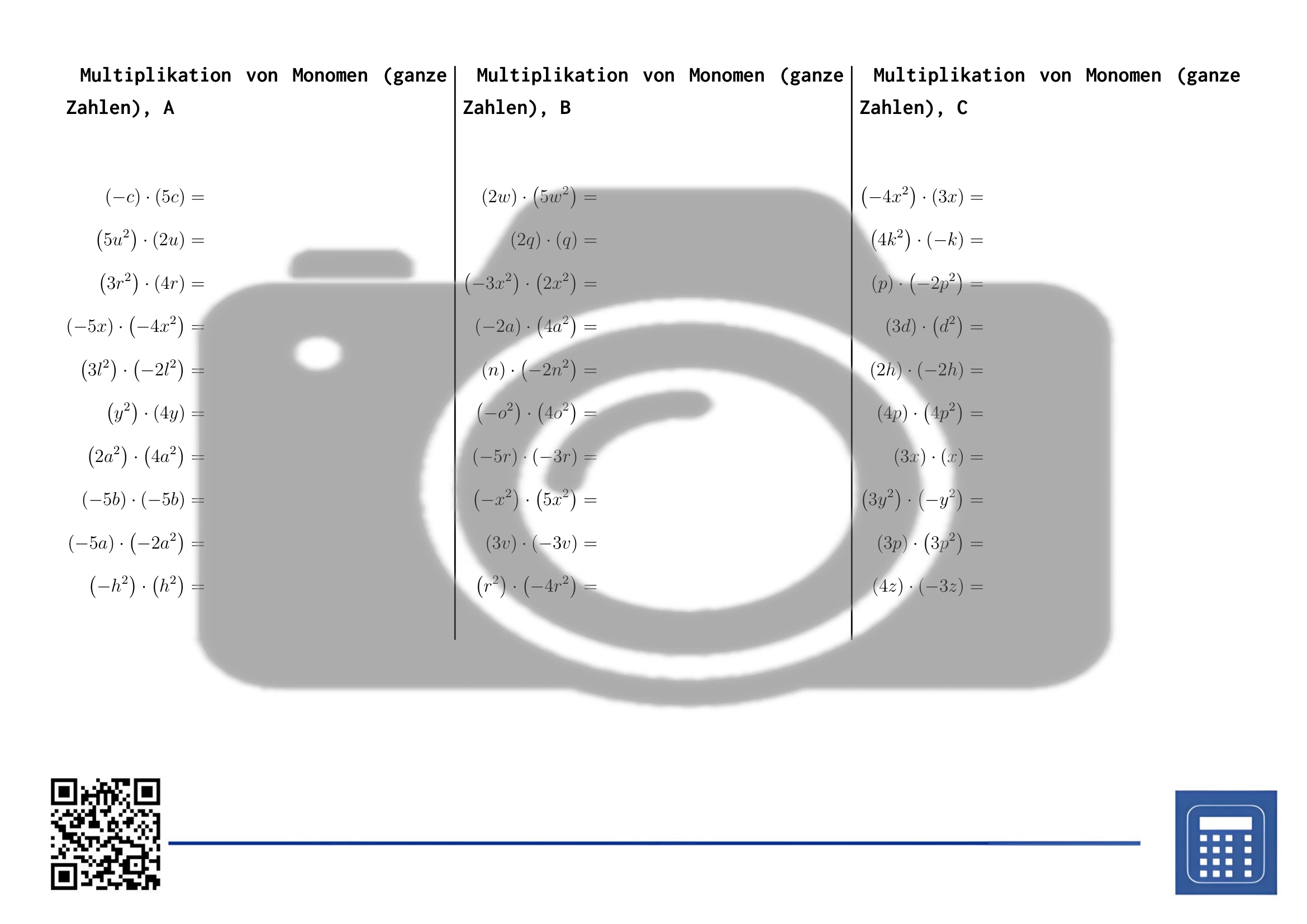 Arbeitsblatt: Multiplikation von Monomen (ganze Zahlen) – Bild 2