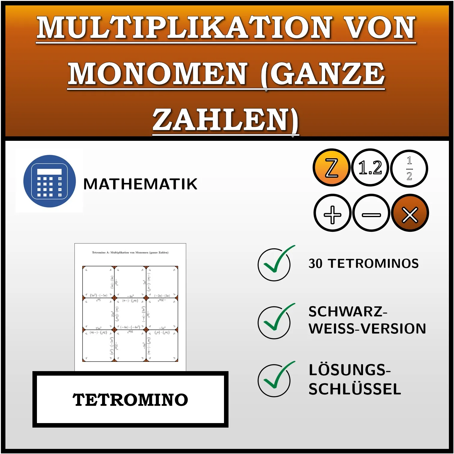 Tetromino: Multiplikation von Monomen (ganze Zahlen)