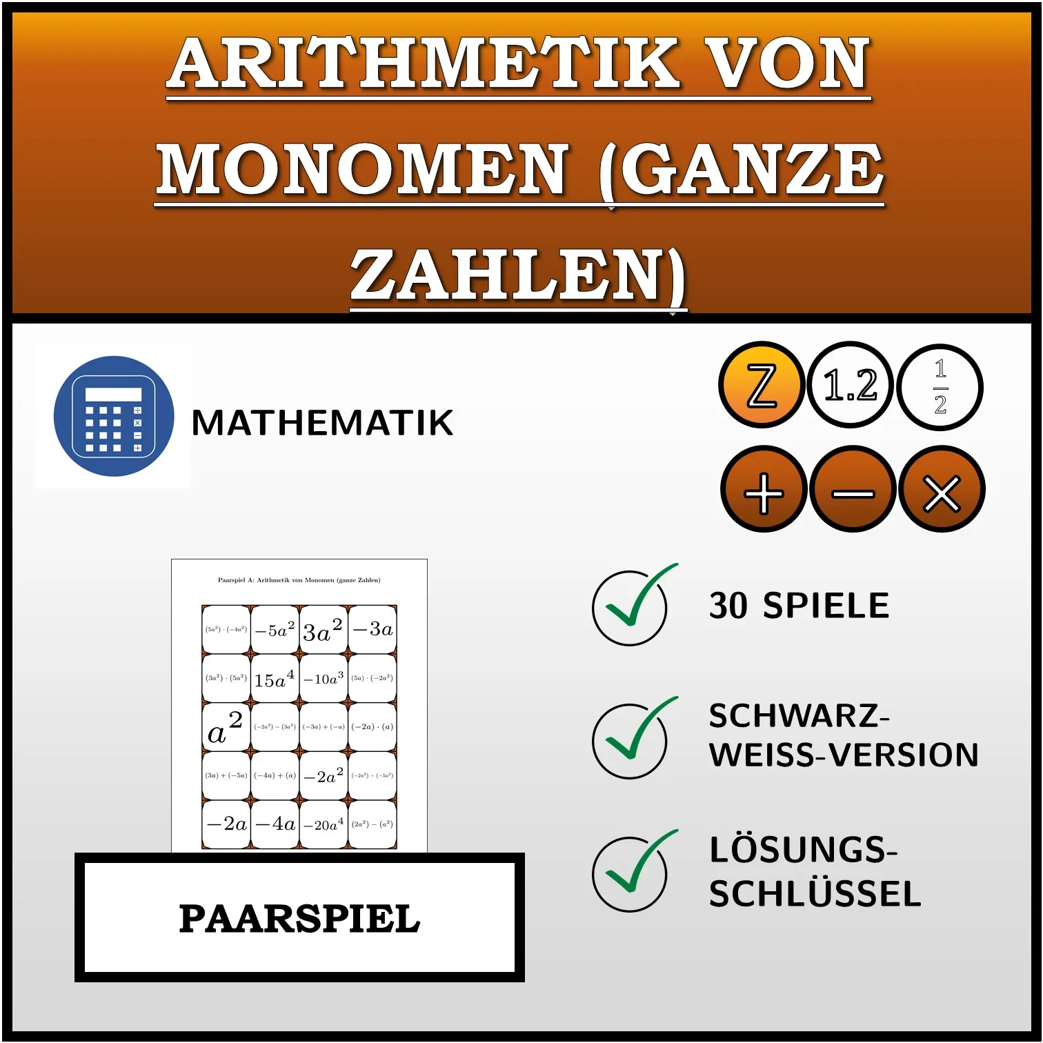 Paarspiel: Arithmetik von Monomen (ganze Zahlen)
