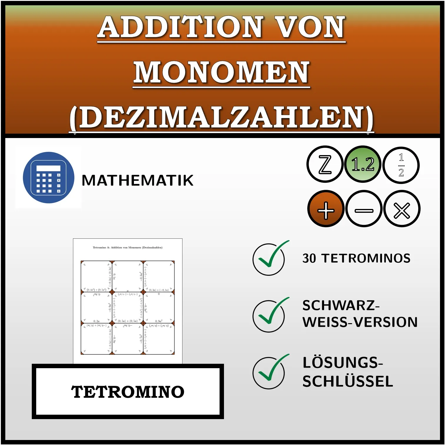Tetromino: Addition von Monomen (Dezimalzahlen)