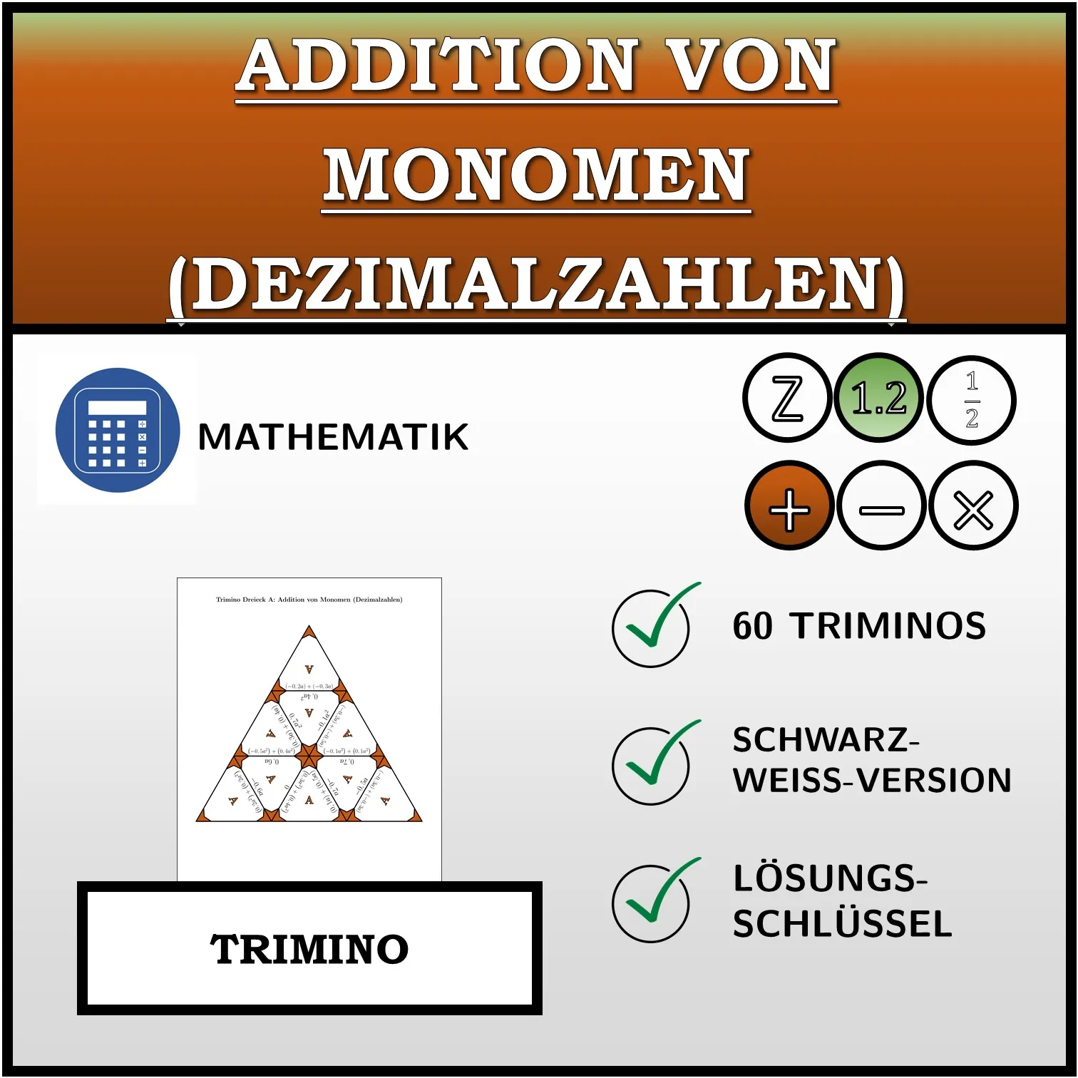 Trimino: Addition von Monomen (Dezimalzahlen)
