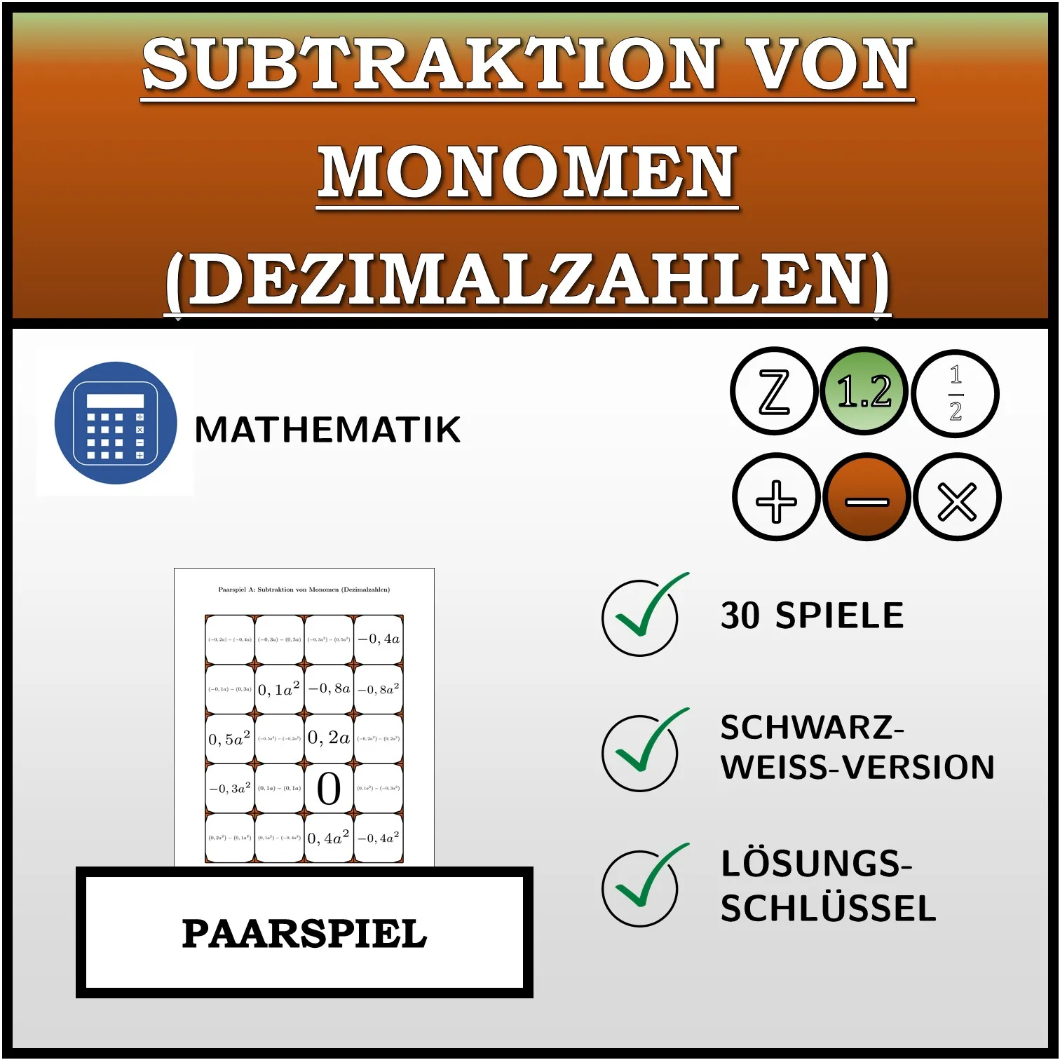 Paarspiel: Subtraktion von Monomen (Dezimalzahlen)