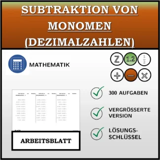 Arbeitsblatt: Subtraktion von Monomen (Dezimalzahlen)