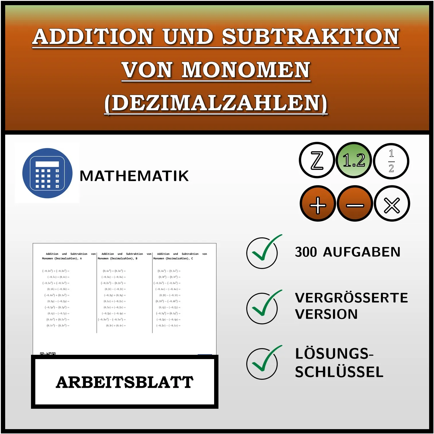 Arbeitsblatt: Addition und Subtraktion von Monomen (Dezimalzahlen)