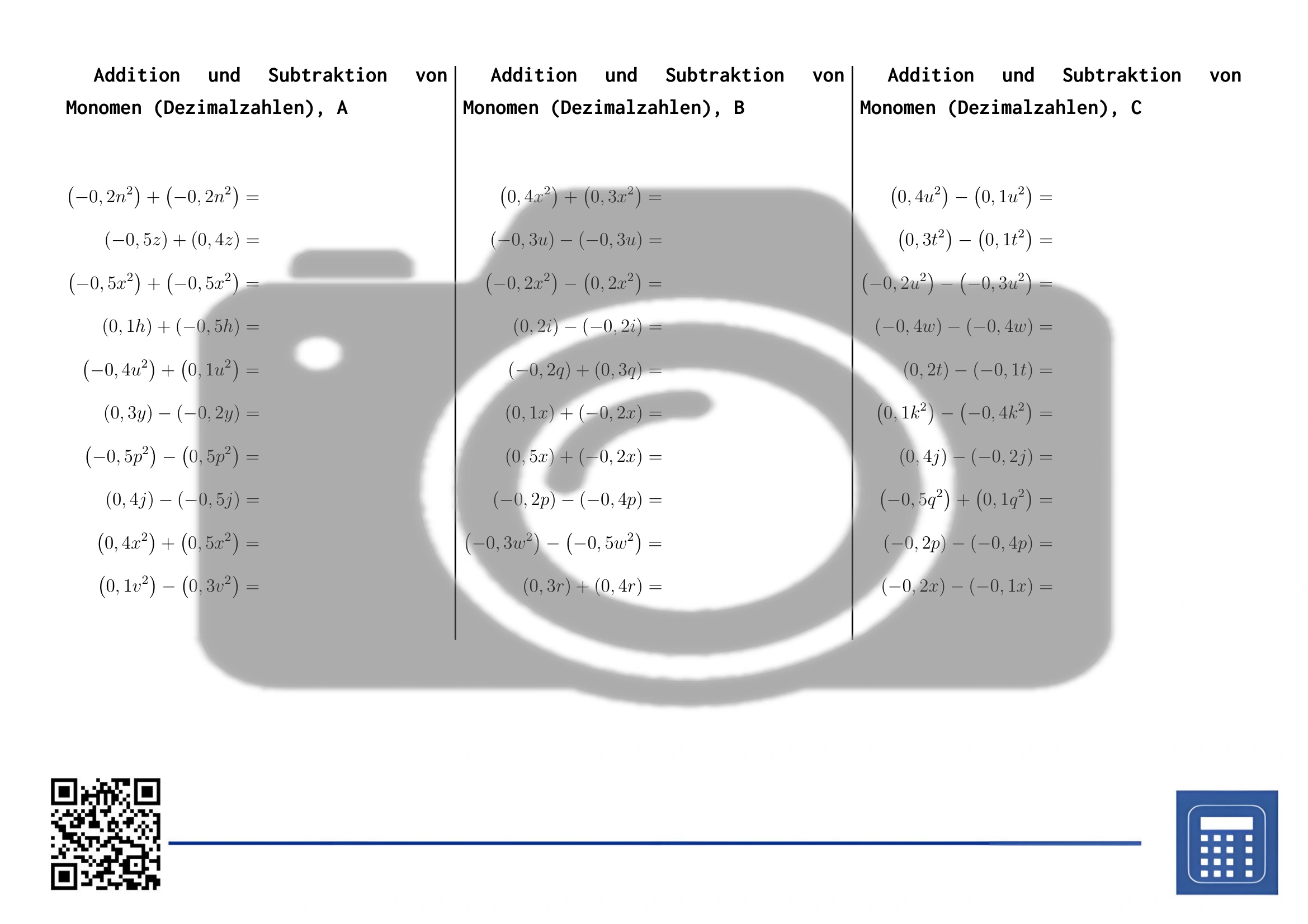 Arbeitsblatt: Addition und Subtraktion von Monomen (Dezimalzahlen) – Bild 2