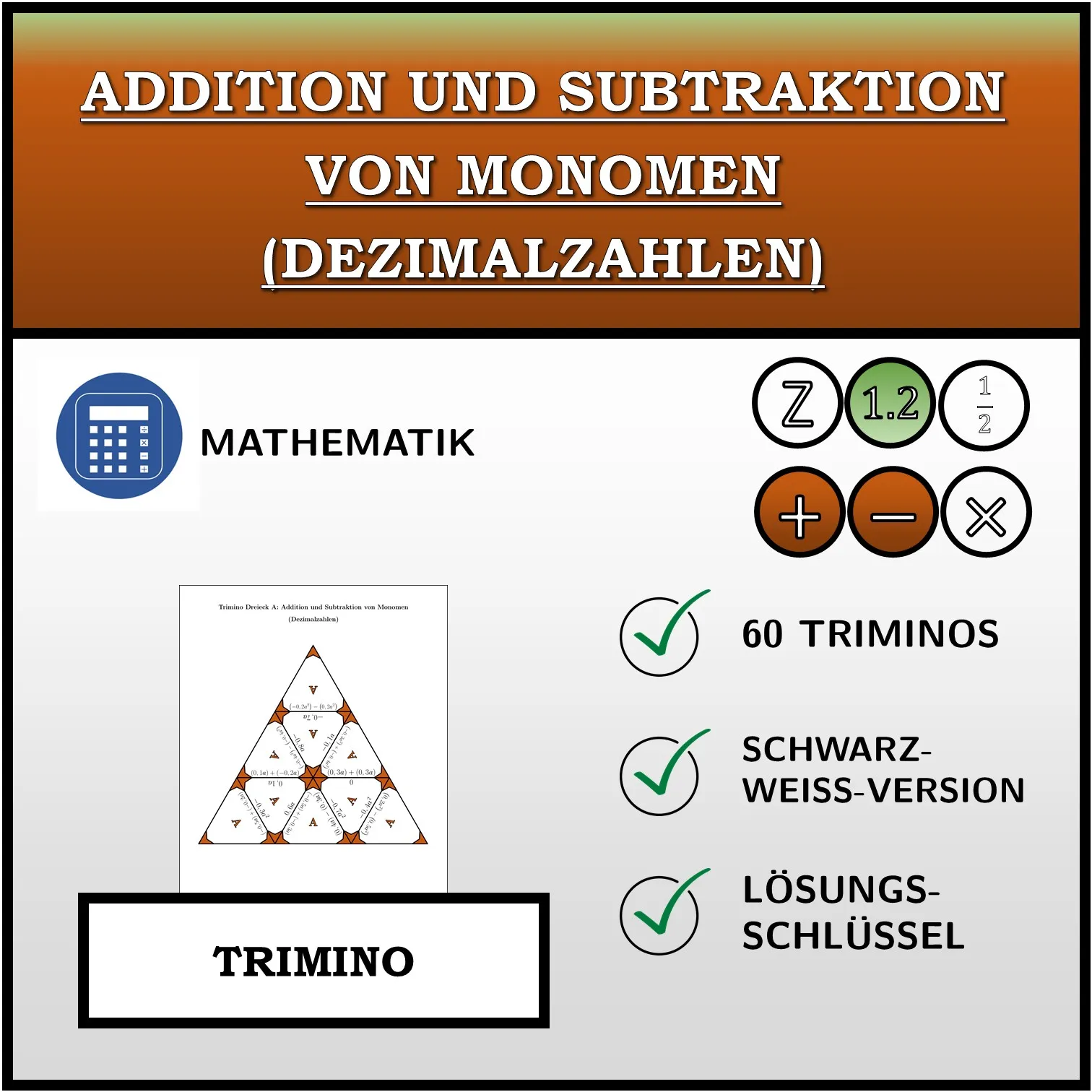 Trimino: Addition und Subtraktion von Monomen (Dezimalzahlen)