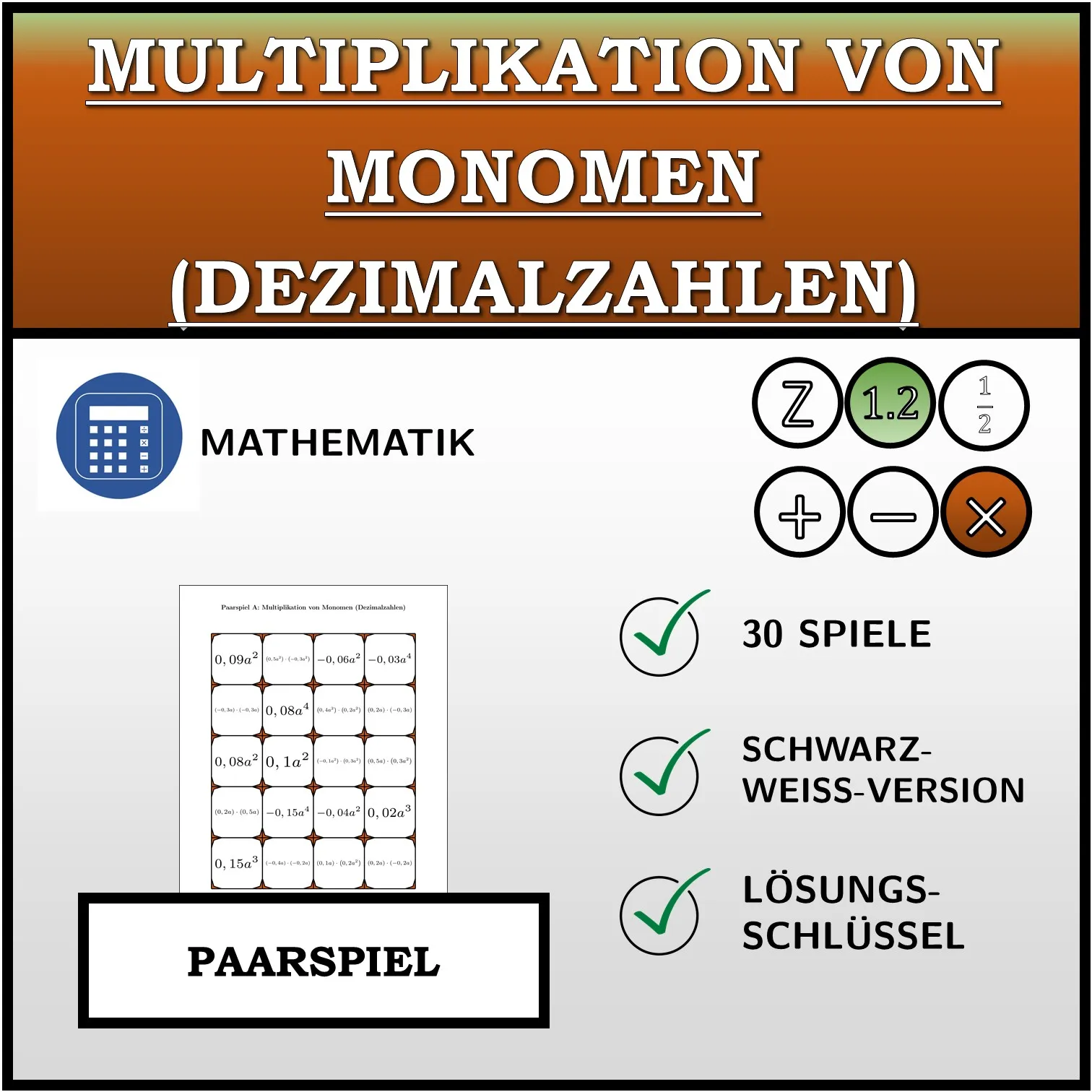 Paarspiel: Multiplikation von Monomen (Dezimalzahlen)