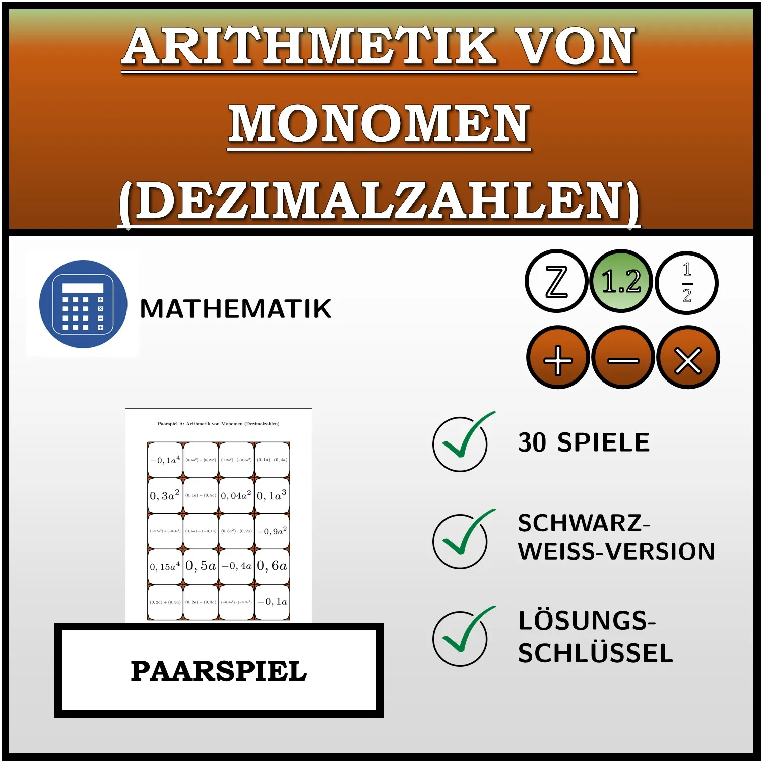 Paarspiel: Arithmetik von Monomen (Dezimalzahlen)