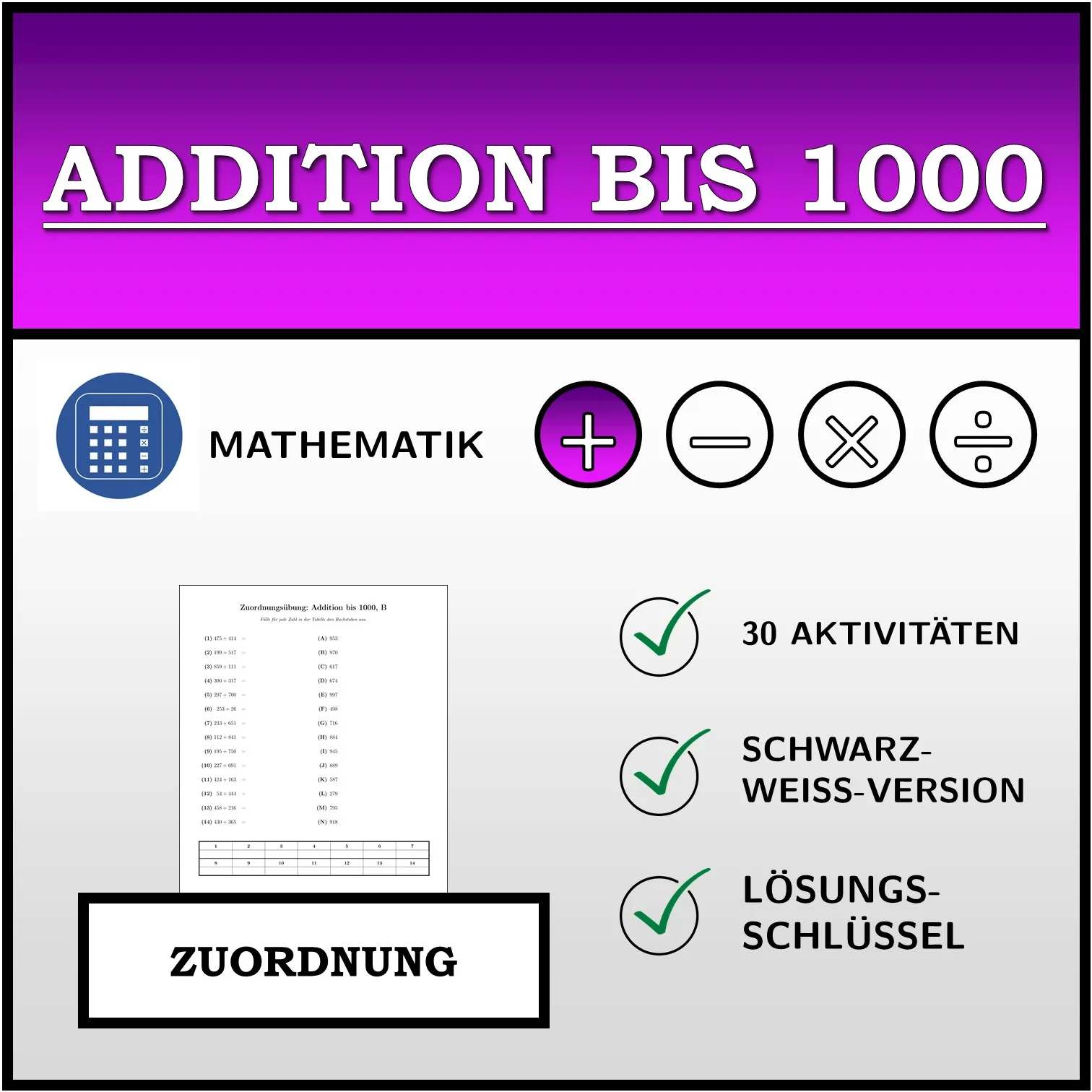 Zuordnungsübung: Addition bis 1000