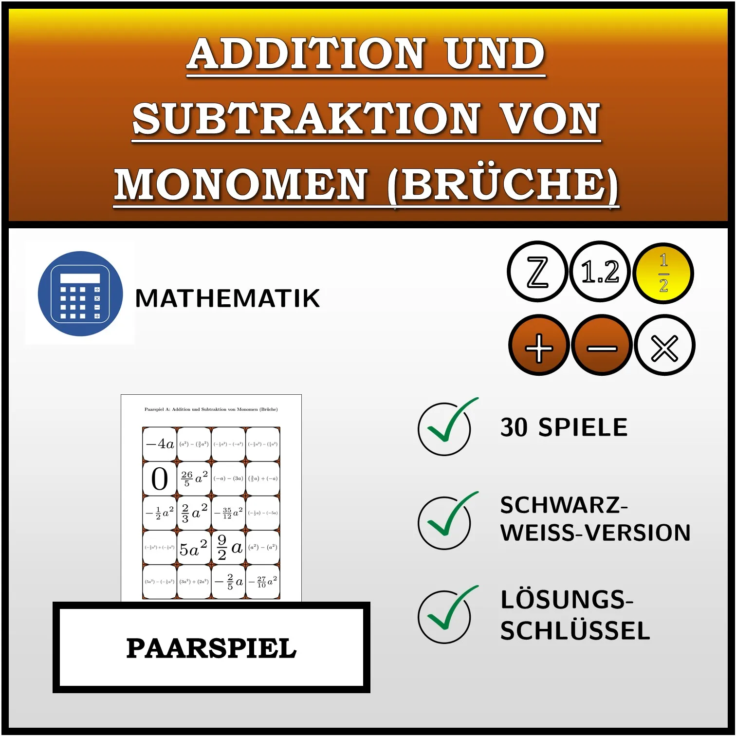Paarspiel: Addition und Subtraktion von Monomen (Brüche)