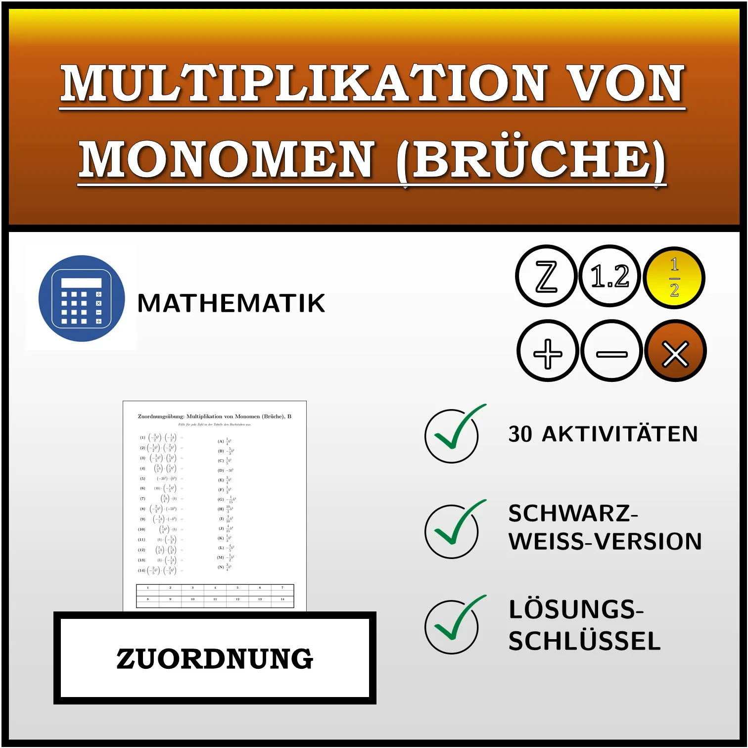 Zuordnungsübung: Multiplikation von Monomen (Brüche)
