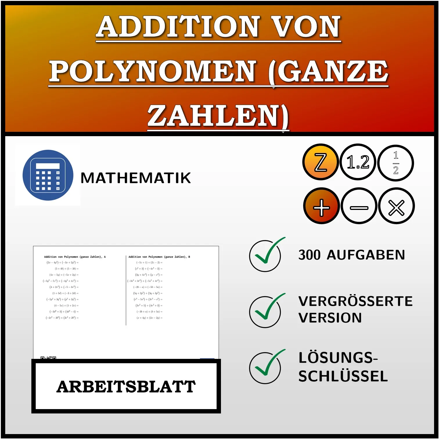 Arbeitsblatt: Addition von Polynomen (ganze Zahlen)