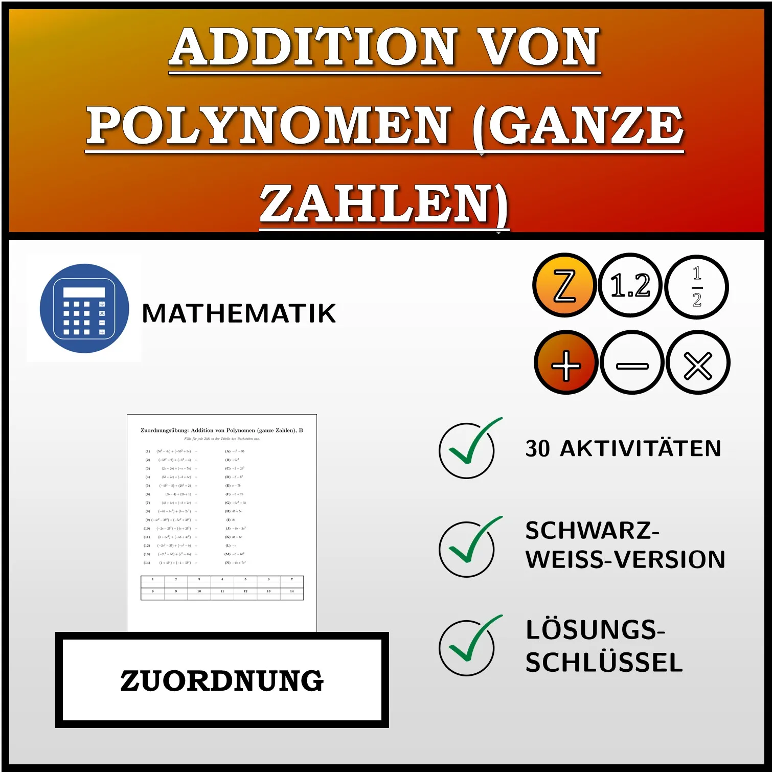 Zuordnungsübung: Addition von Polynomen (ganze Zahlen)