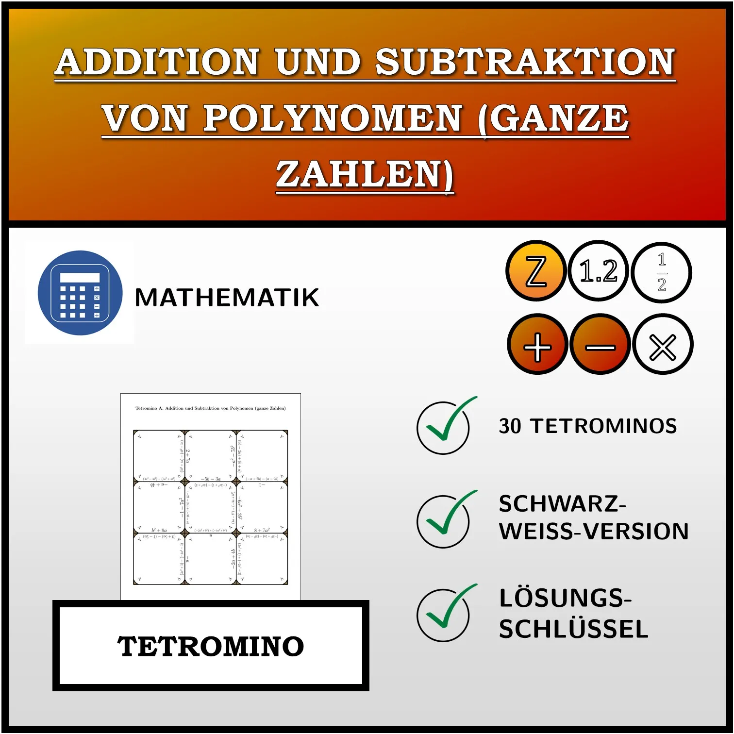 Tetromino: Addition und Subtraktion von Polynomen (ganze Zahlen)
