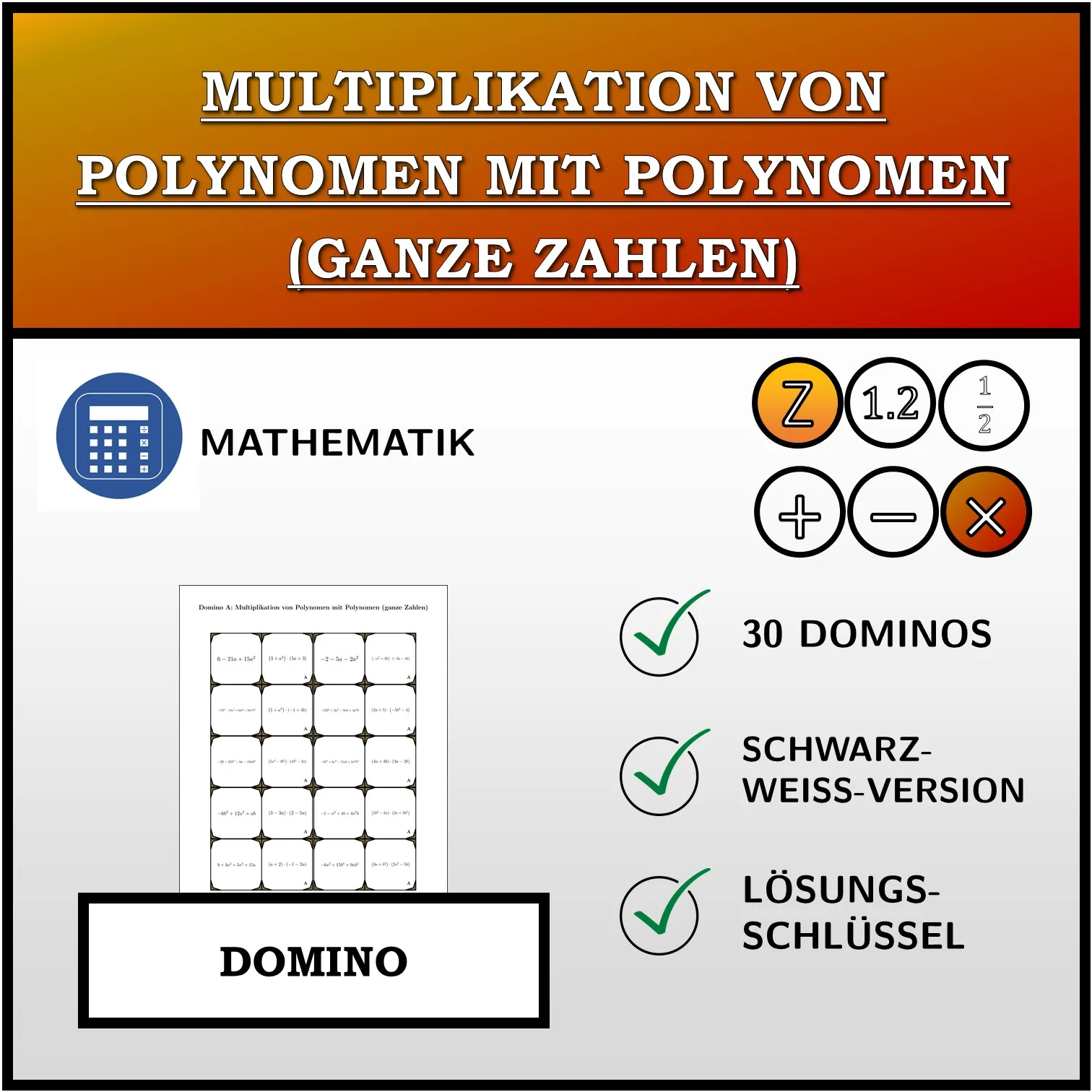 Domino: Multiplikation von Polynomen mit Polynomen (ganze Zahlen)