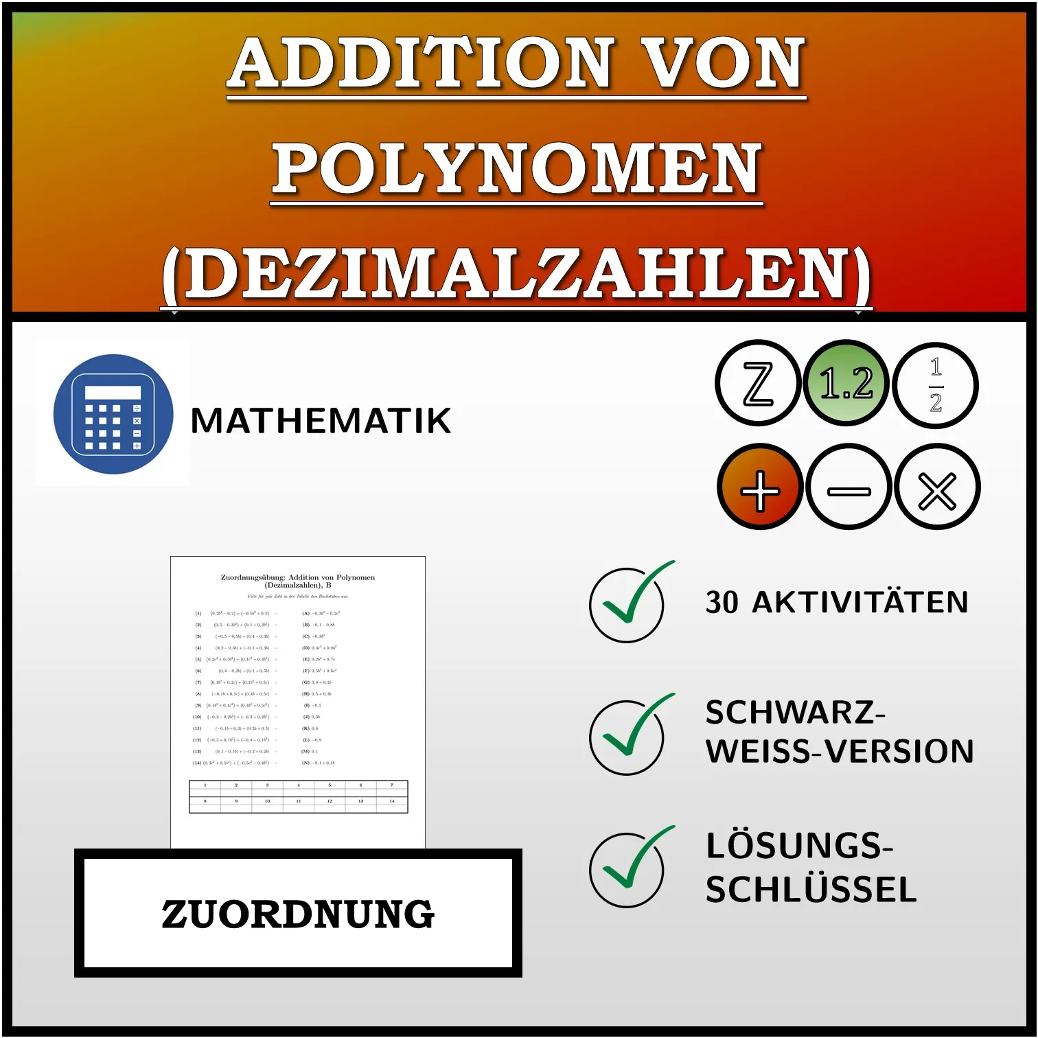 Zuordnungsübung: Addition von Polynomen (Dezimalzahlen)