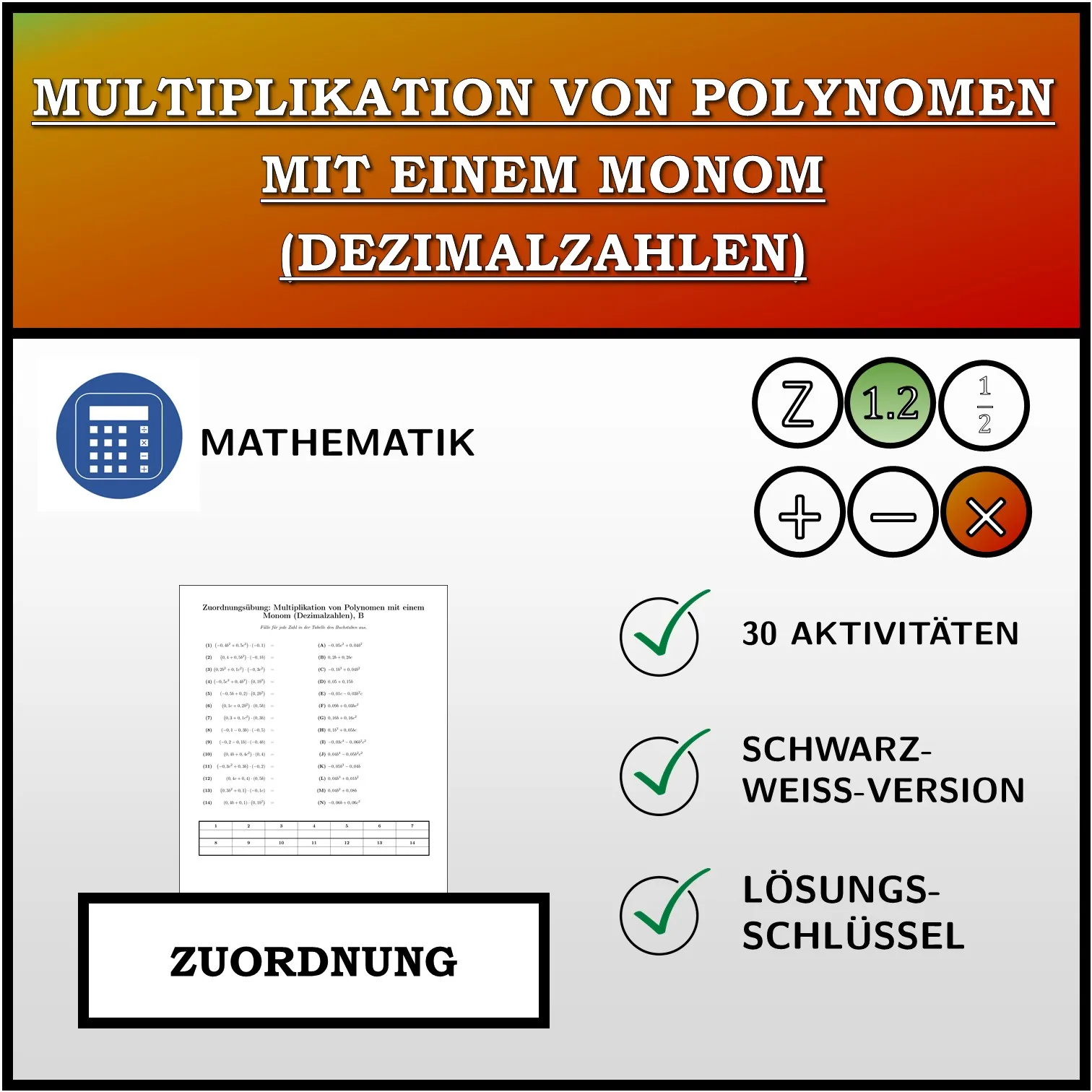 Zuordnungsübung: Multiplikation von Polynomen mit einem Monom (Dezimalzahlen)