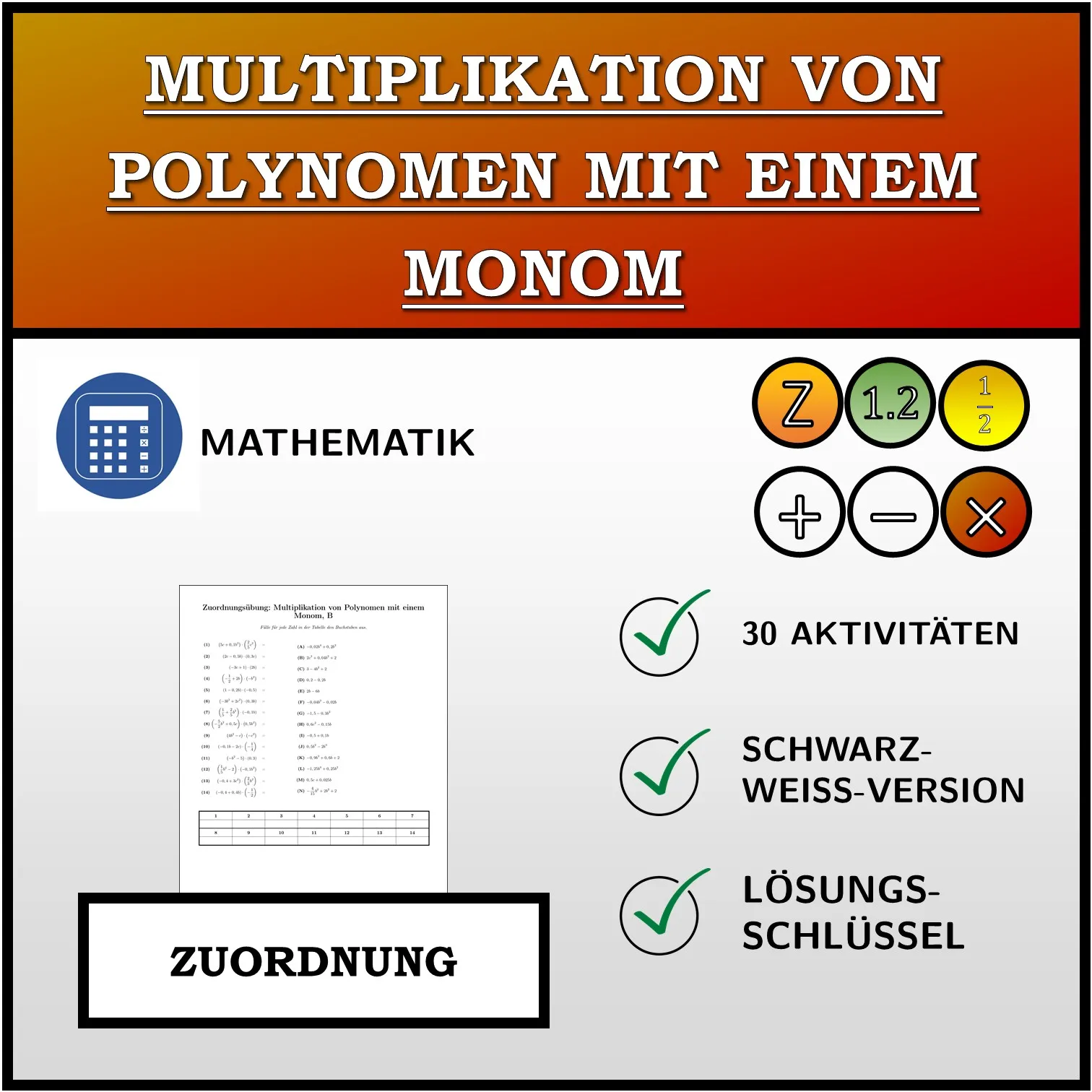 Zuordnungsübung: Multiplikation von Polynomen mit einem Monom