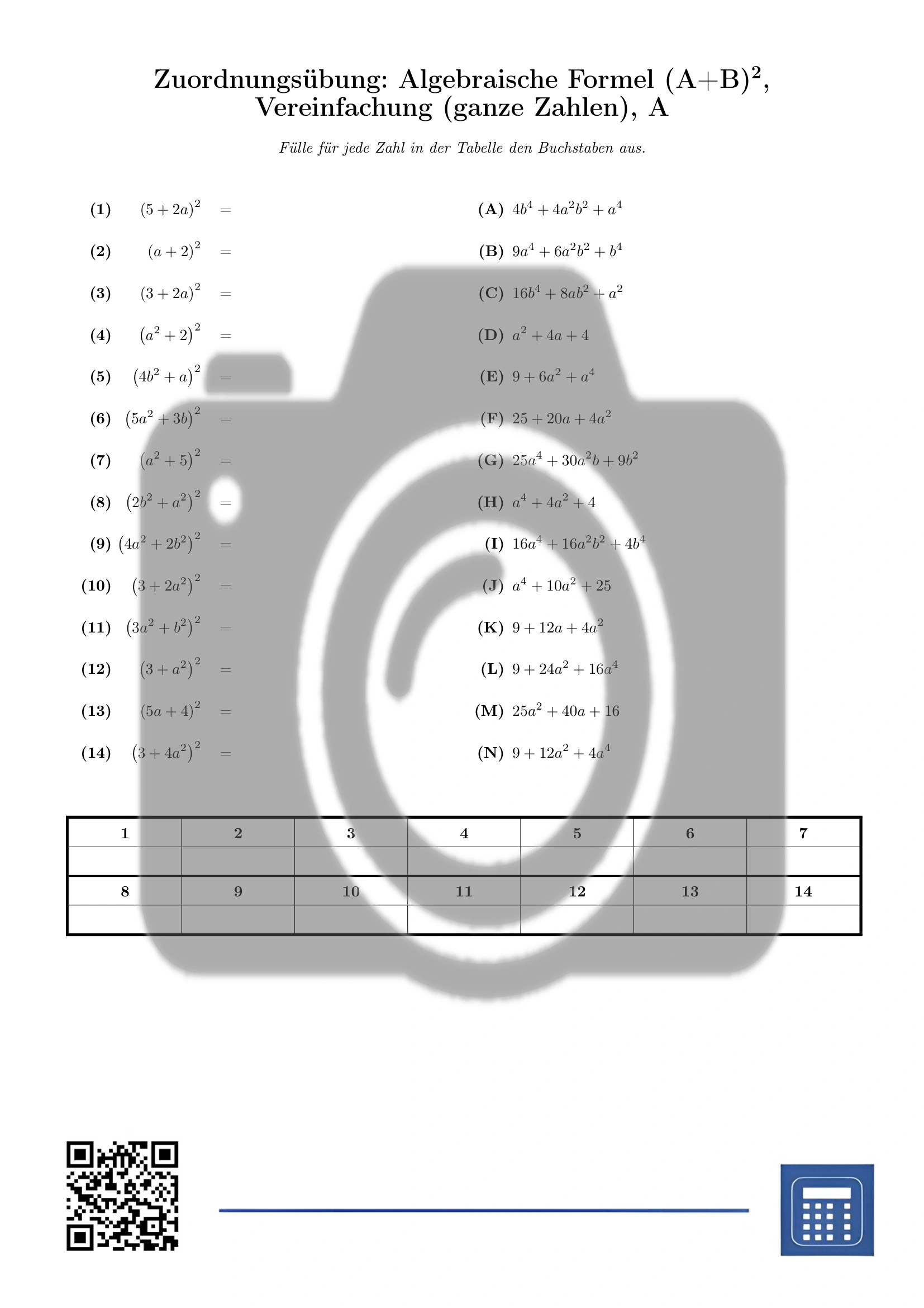 Zuordnungsübung: Algebraische Formel (A+B)², Vereinfachung (ganze Zahlen) – Bild 2