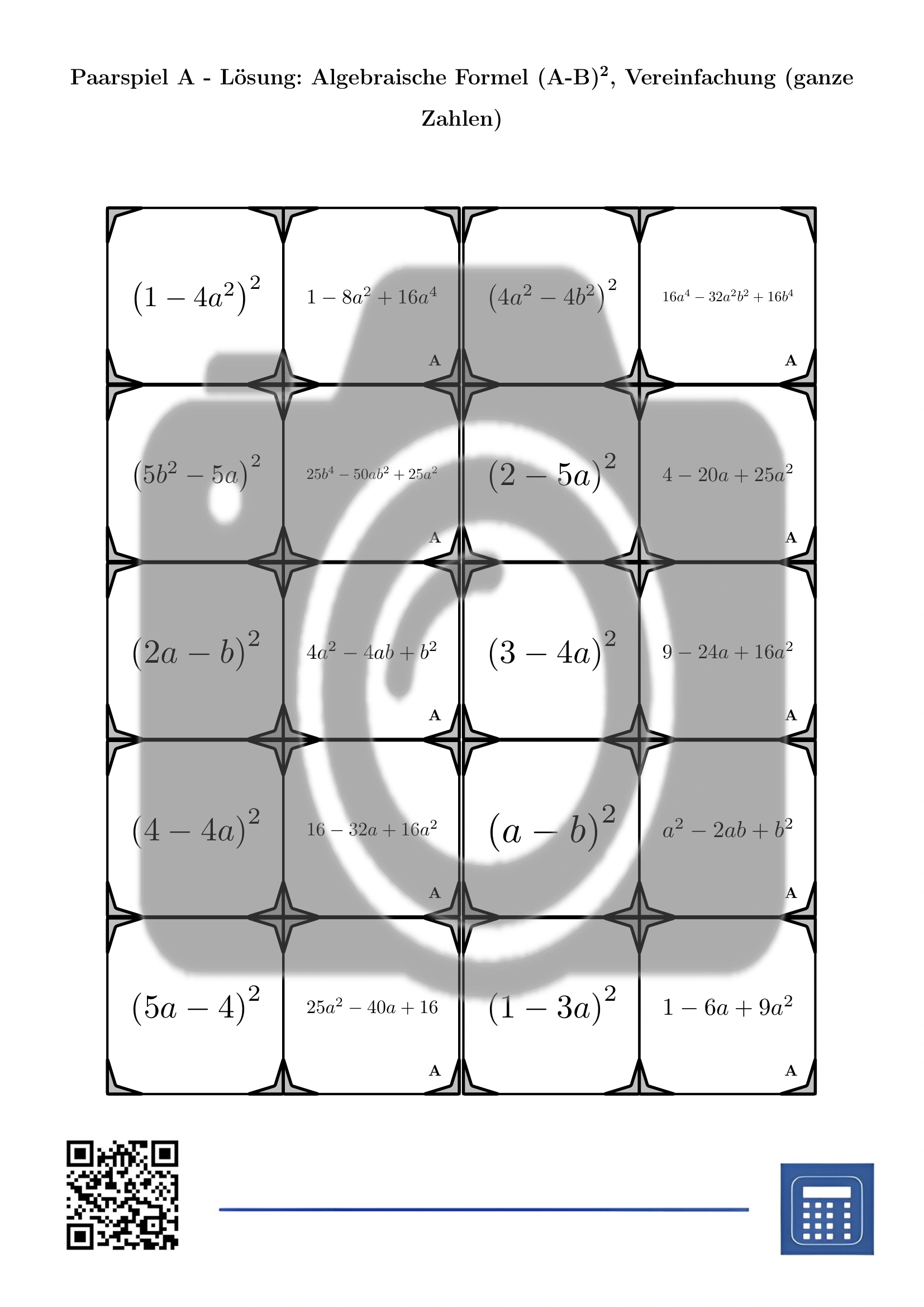 Paarspiel: Algebraische Formel (A-B)², Vereinfachung (ganze Zahlen) – Bild 4