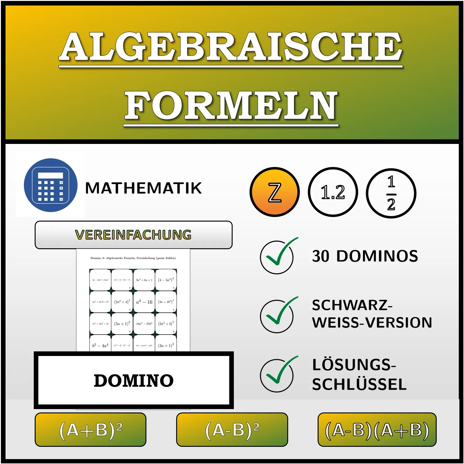 Domino: Algebraische Formeln, Vereinfachung (ganze Zahlen)