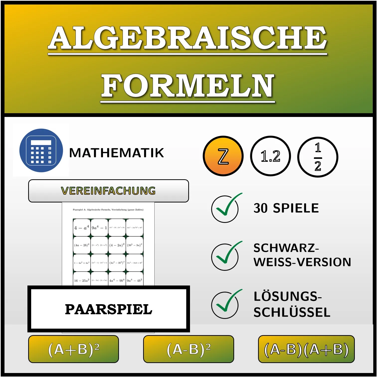 Paarspiel: Algebraische Formeln, Vereinfachung (ganze Zahlen)