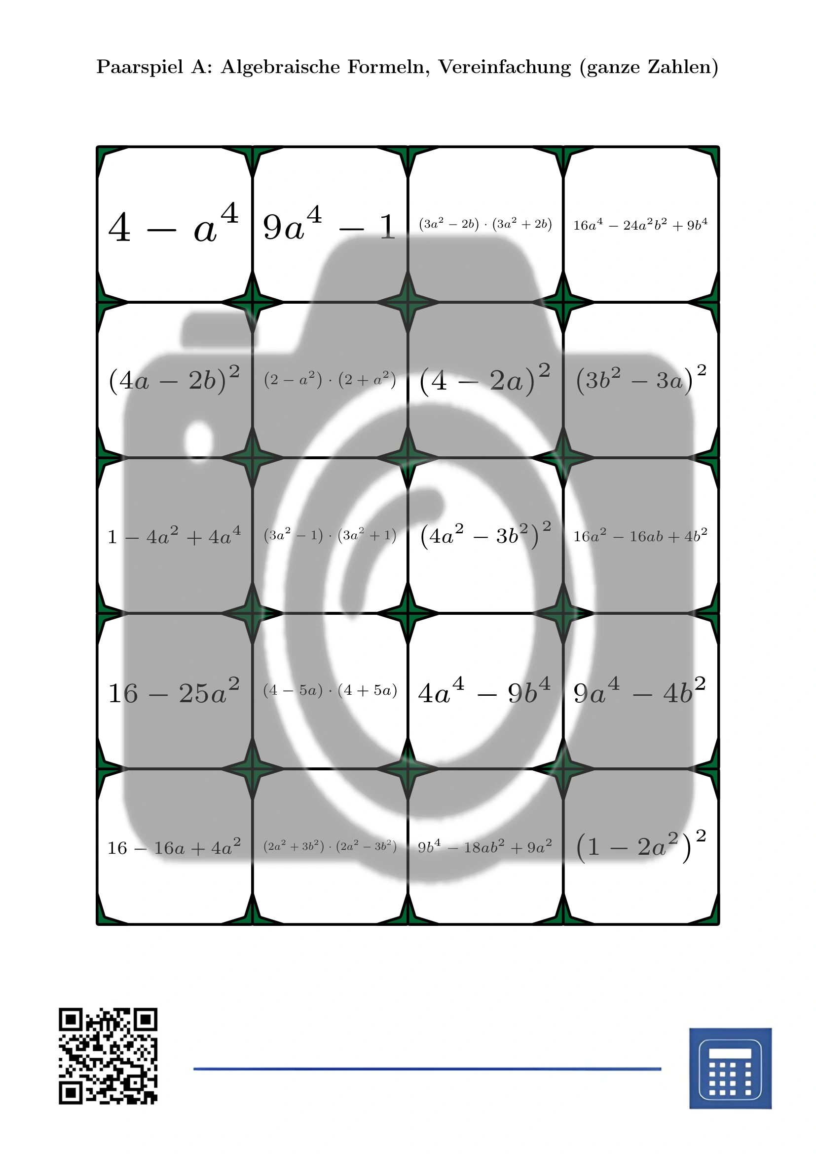 Paarspiel: Algebraische Formeln, Vereinfachung (ganze Zahlen) – Bild 2