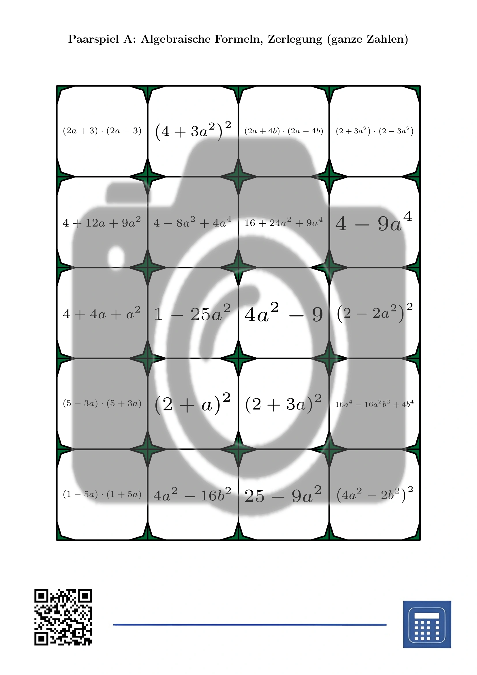 Paarspiel: Algebraische Formeln, Zerlegung (ganze Zahlen) – Bild 2