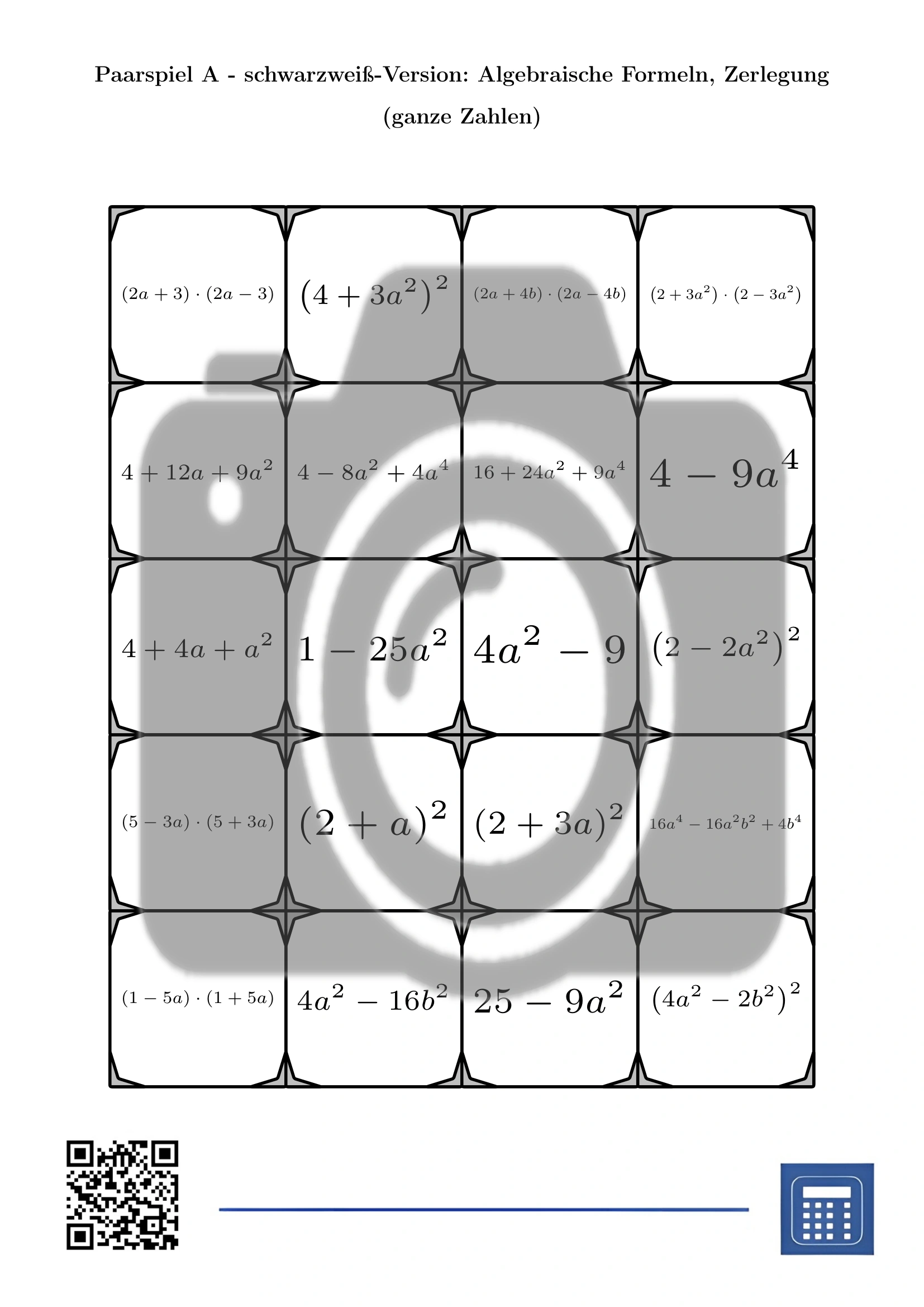 Paarspiel: Algebraische Formeln, Zerlegung (ganze Zahlen) – Bild 3