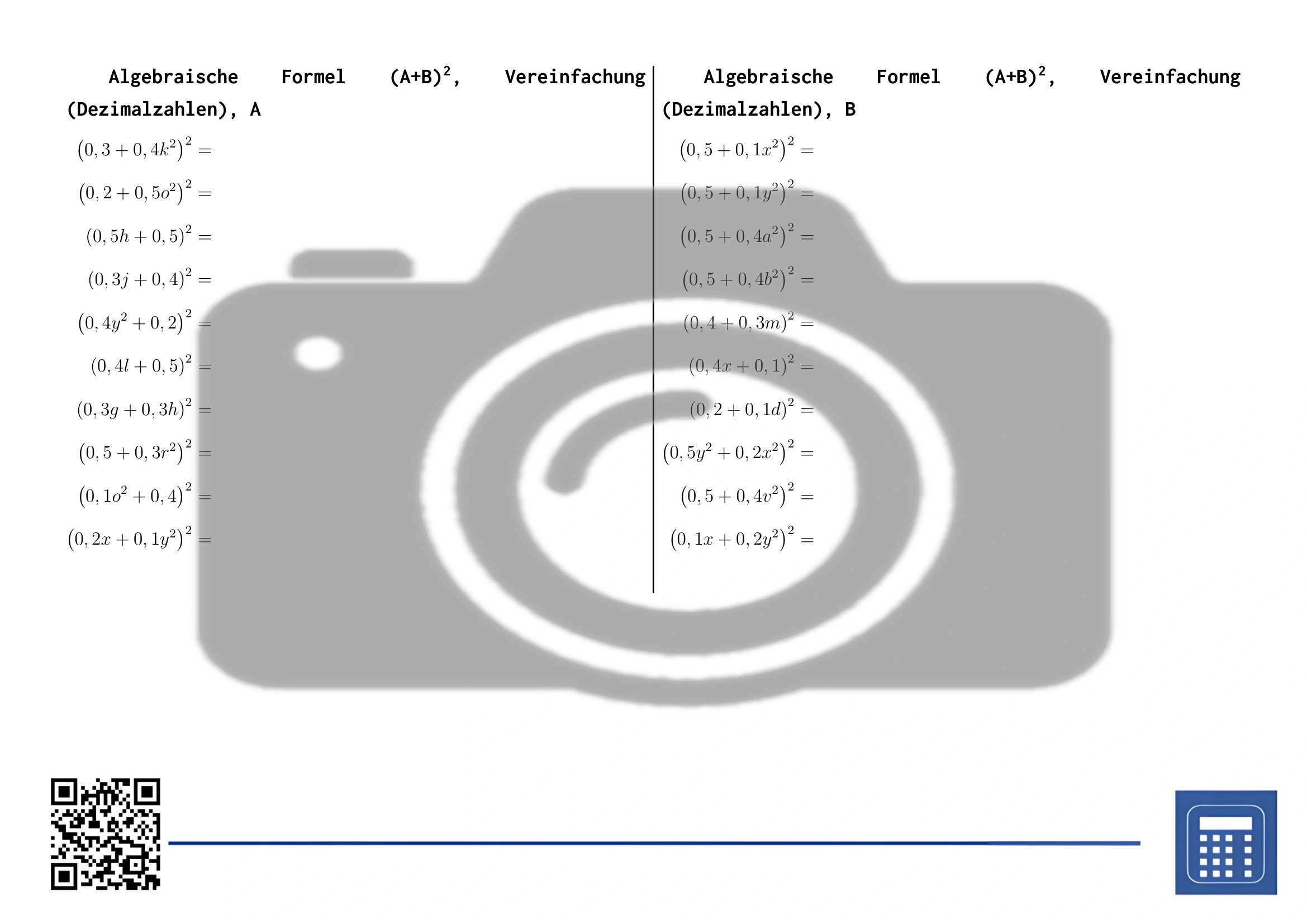 Arbeitsblatt: Algebraische Formel (A+B)², Vereinfachung (Dezimalzahlen) – Bild 2