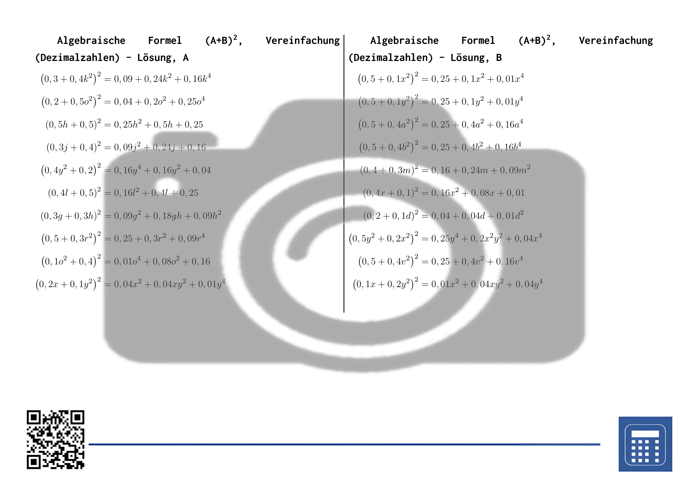 Arbeitsblatt: Algebraische Formel (A+B)², Vereinfachung (Dezimalzahlen) – Bild 4