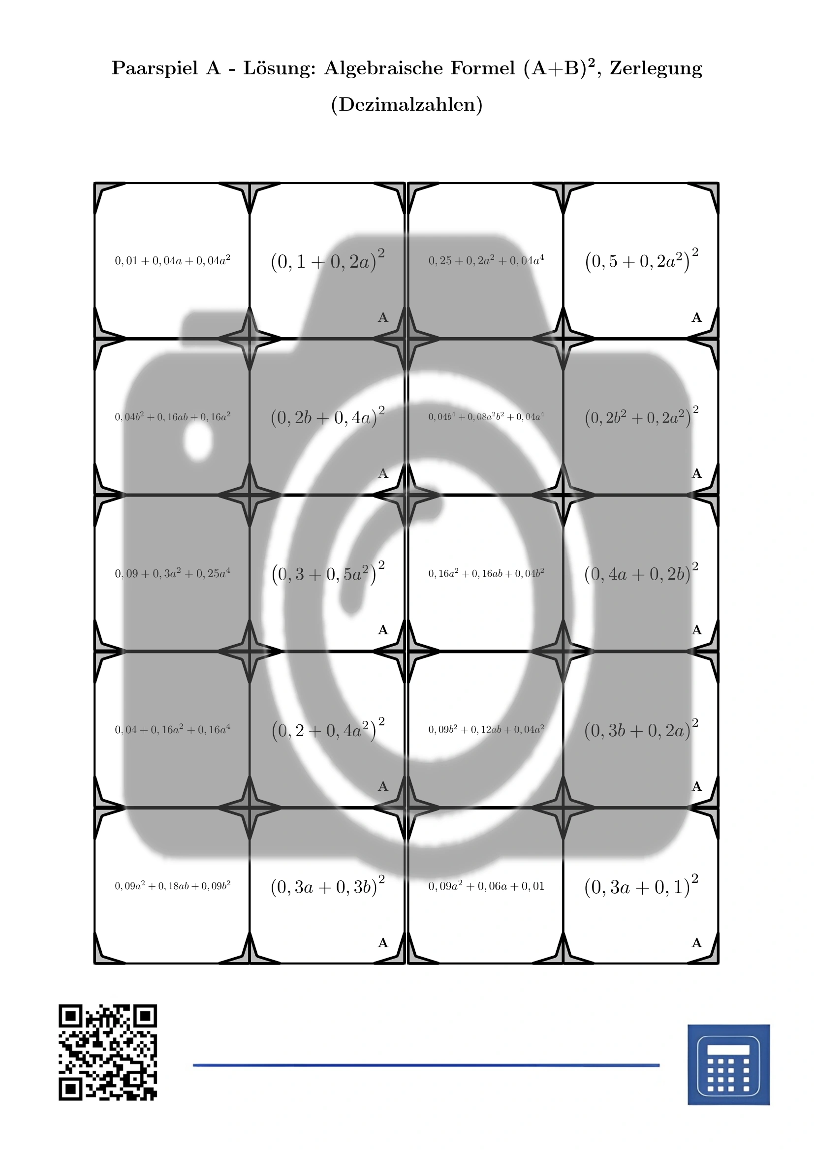 Paarspiel: Algebraische Formel (A+B)², Zerlegung (Dezimalzahlen) – Bild 4