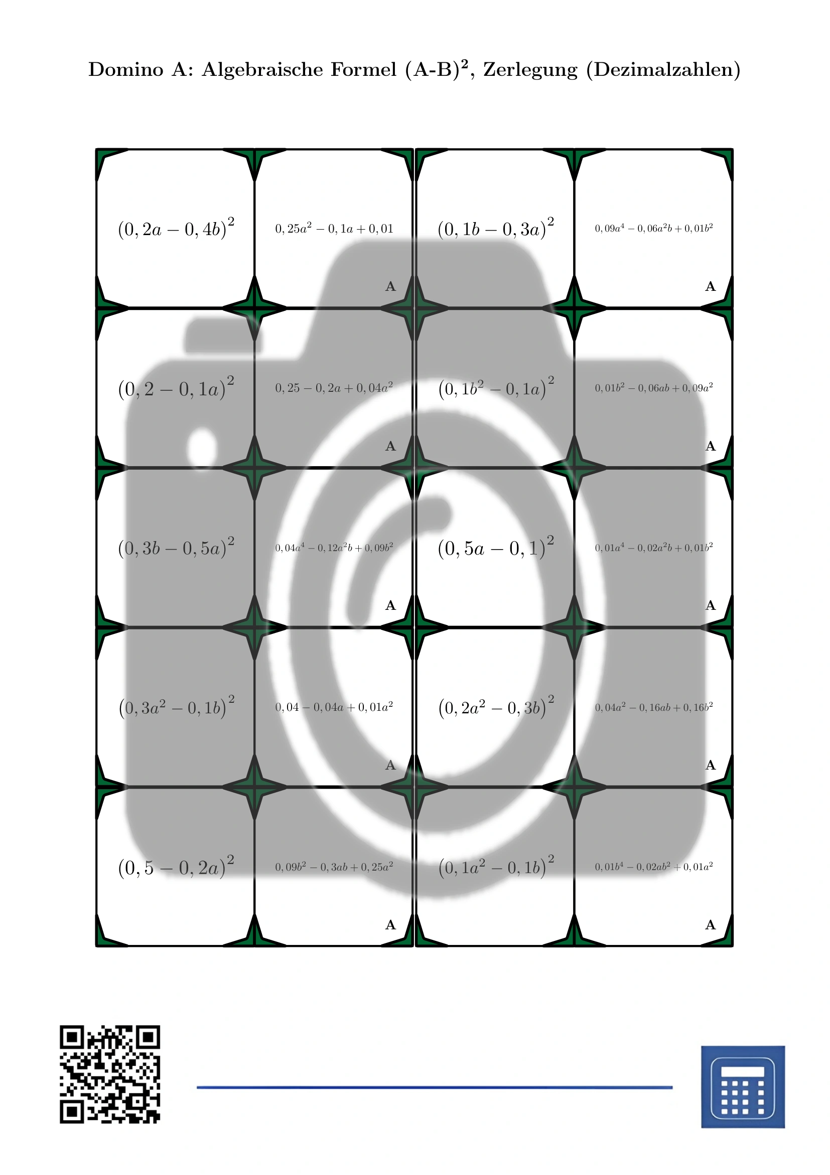 Domino: Algebraische Formel (A-B)², Zerlegung (Dezimalzahlen) – Bild 2