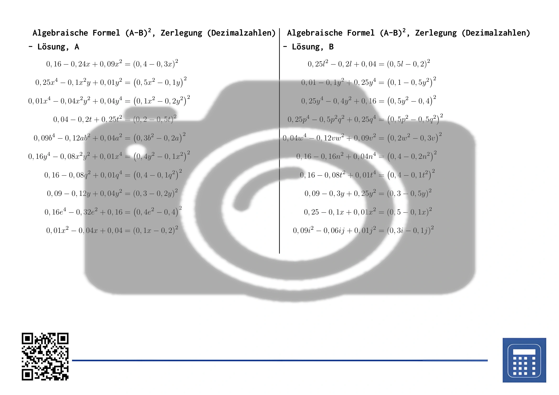 Arbeitsblatt: Algebraische Formel (A-B)², Zerlegung (Dezimalzahlen) – Bild 4