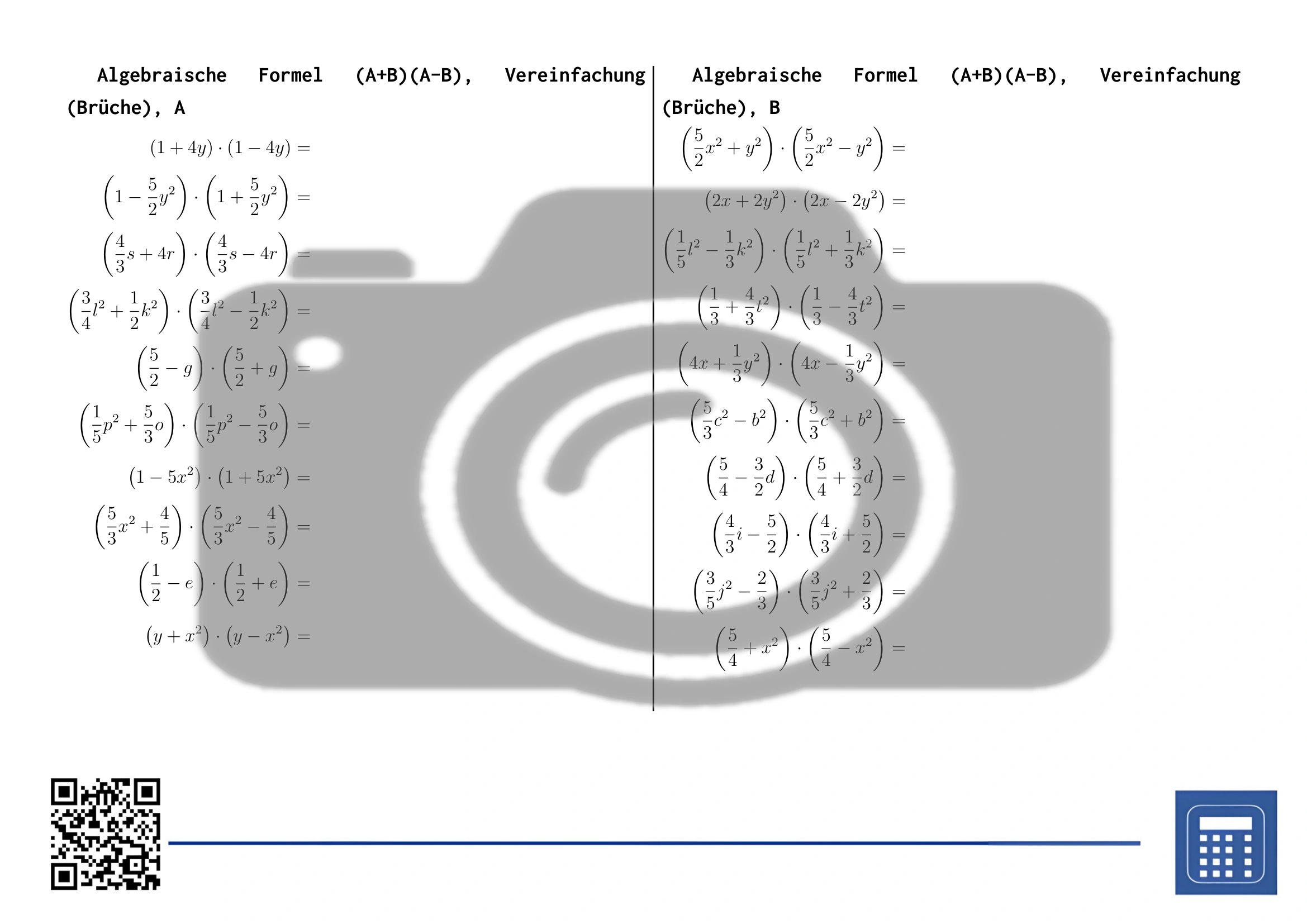 Arbeitsblatt: Algebraische Formel (A+B)(A-B), Vereinfachung (Brüche) – Bild 2