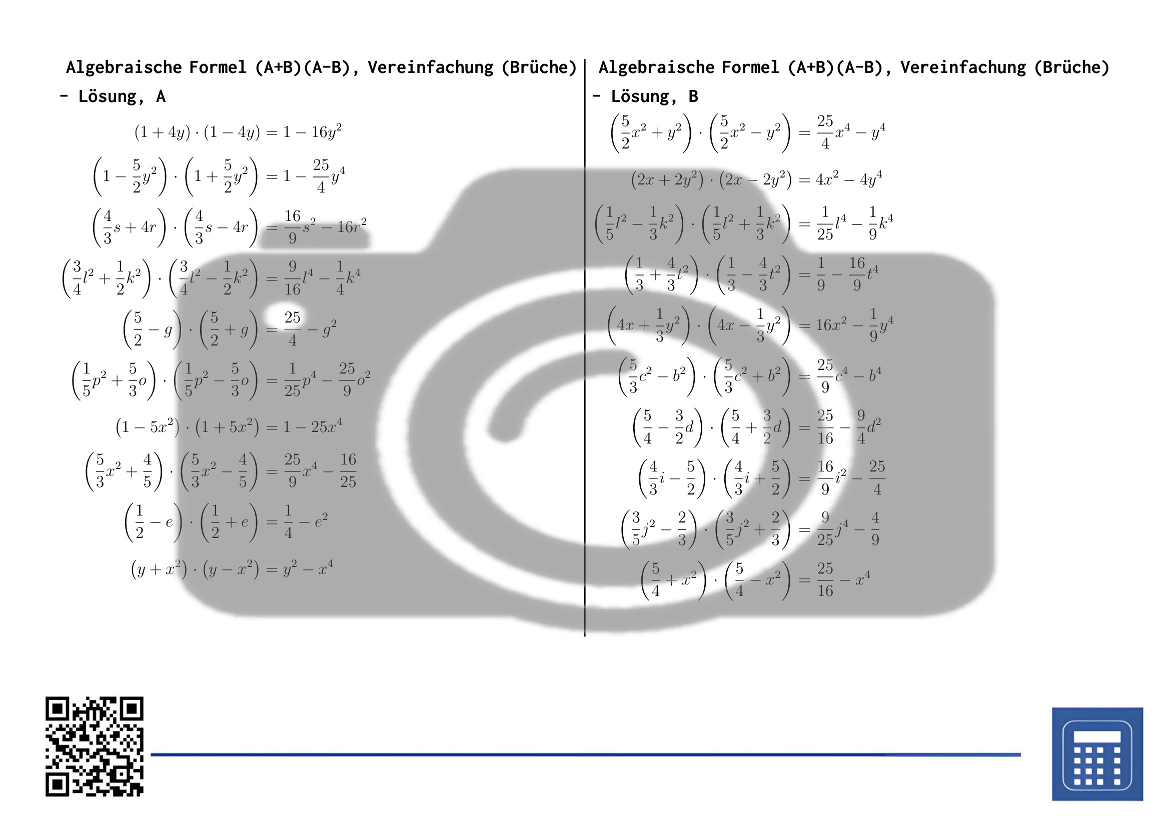 Arbeitsblatt: Algebraische Formel (A+B)(A-B), Vereinfachung (Brüche) – Bild 4