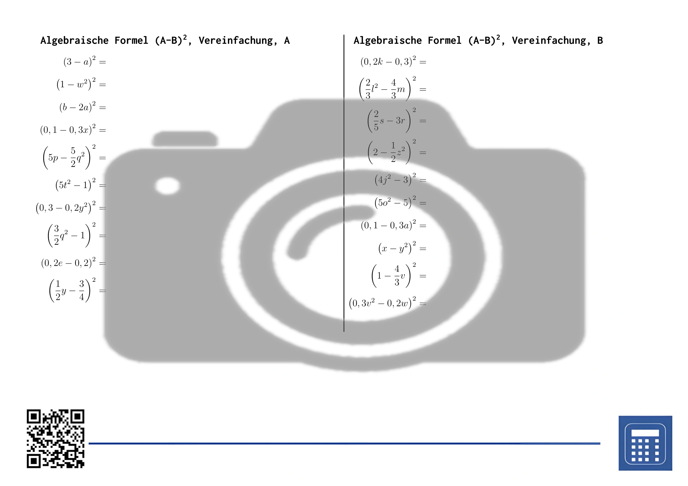 Arbeitsblatt: Algebraische Formel (A-B)², Vereinfachung – Bild 2