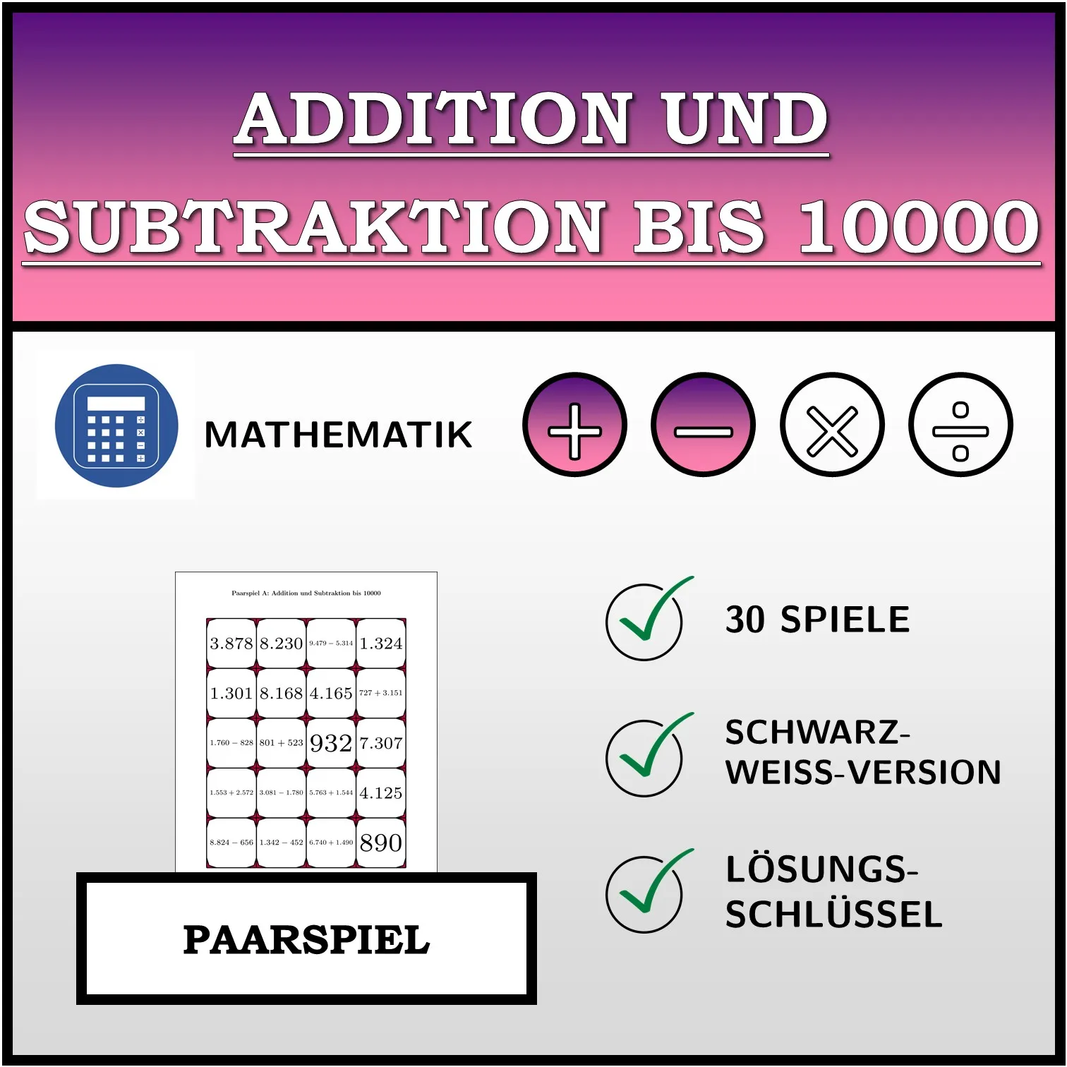 Paarspiel: Addition und Subtraktion bis 10000
