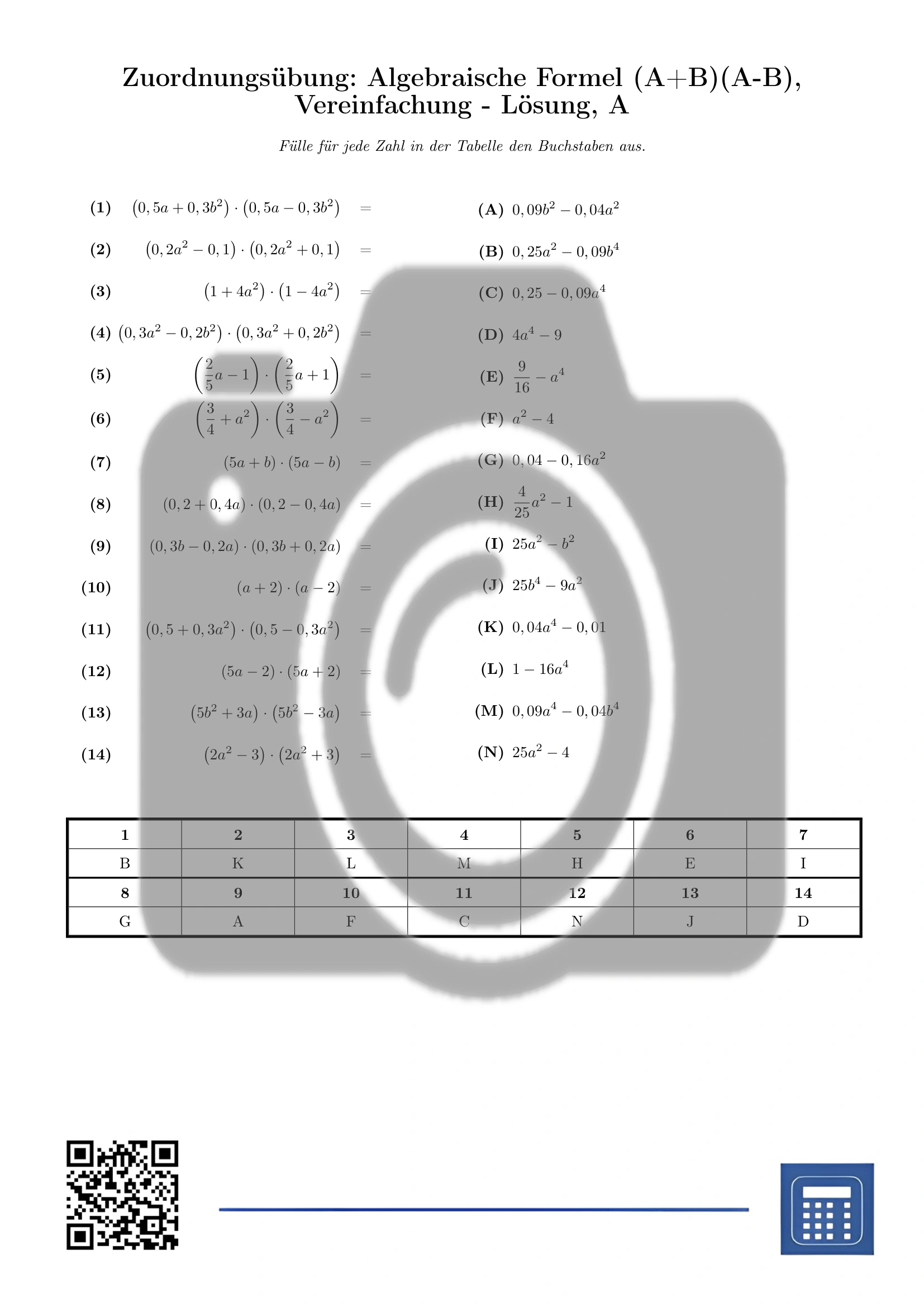 Zuordnungsübung: Algebraische Formel (A+B)(A-B), Vereinfachung – Bild 3