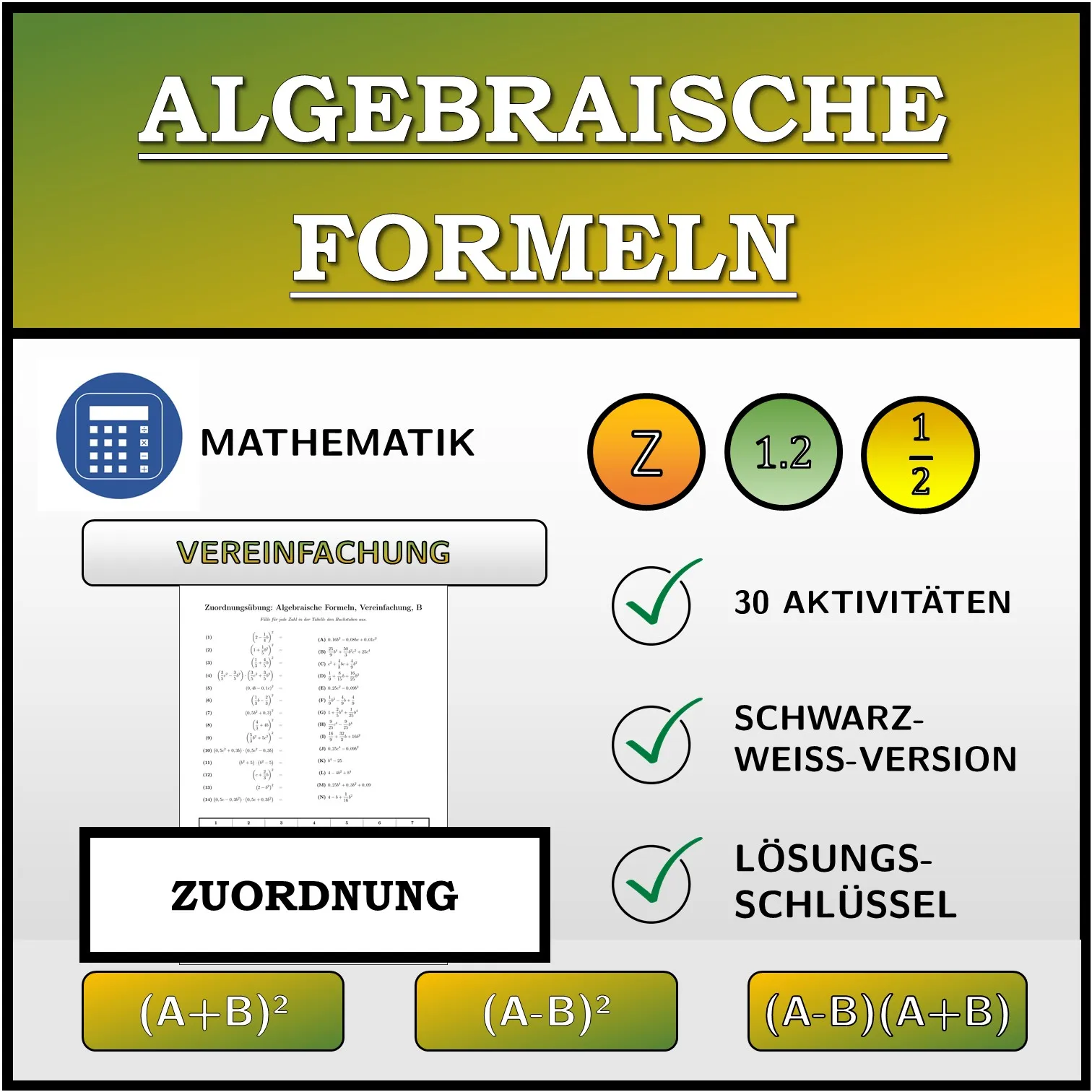 Zuordnungsübung: Algebraische Formeln, Vereinfachung