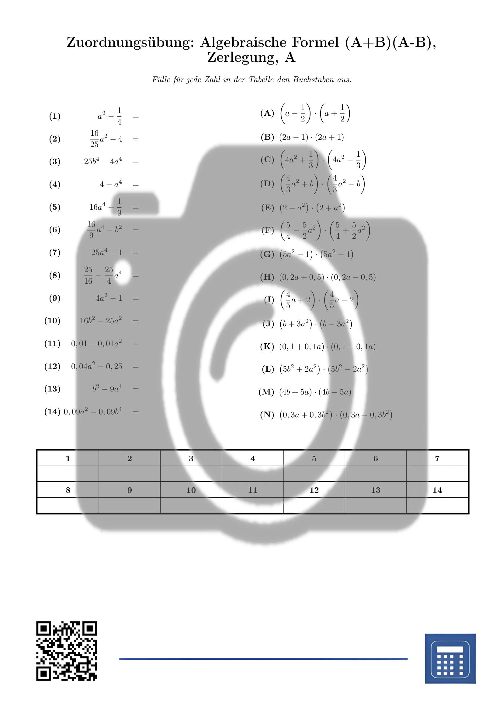 Zuordnungsübung: Algebraische Formel (A+B)(A-B), Zerlegung – Bild 2